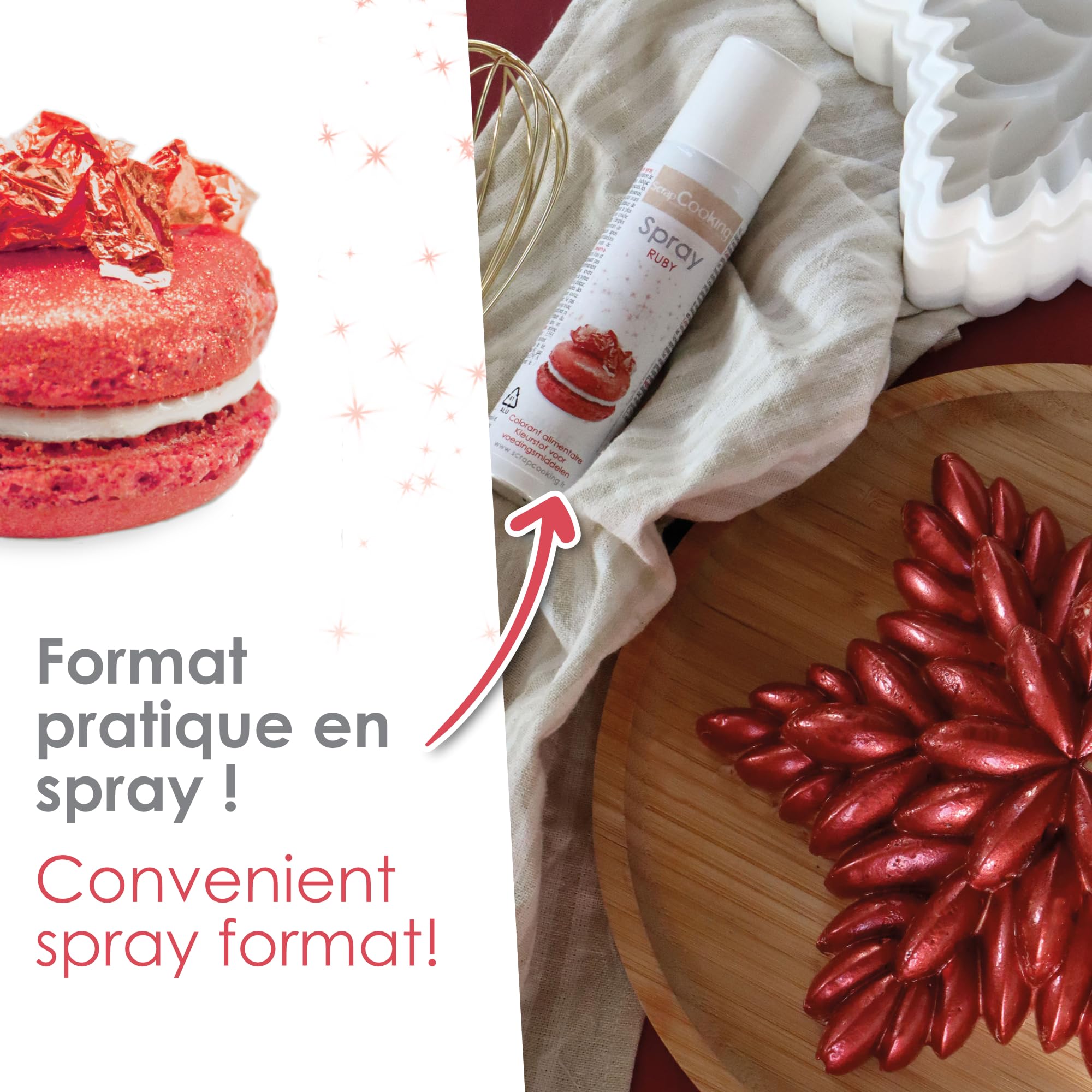 ScrapCooking - Spray Colorant de Surface Rubis 75 ml - Spray Alimentaire Rose Irisé pour faire Briller vos Pâtisseries, Biscuits, Macarons, Pâtes à Sucre, Gâteaux, Bûches - 4294