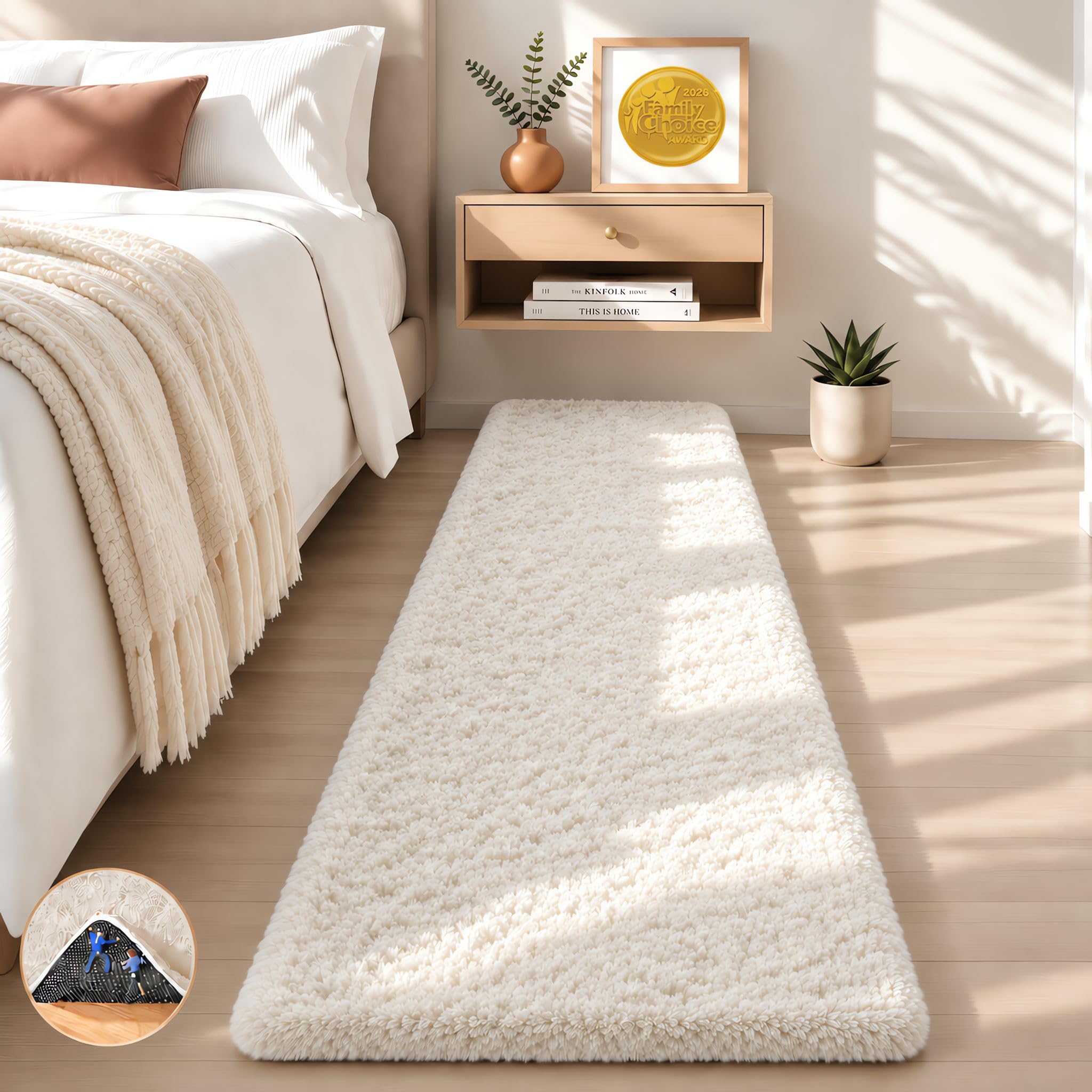 Ophanie 2x8 Runner Rug for Hallway, Upgrade Non-Slip Fluffy Soft Bedside Rugs, Bedroom Living Room Ivory Shaggy Carpet for Kids Dorm Home Decor with Over 99 pcs Pile fibers