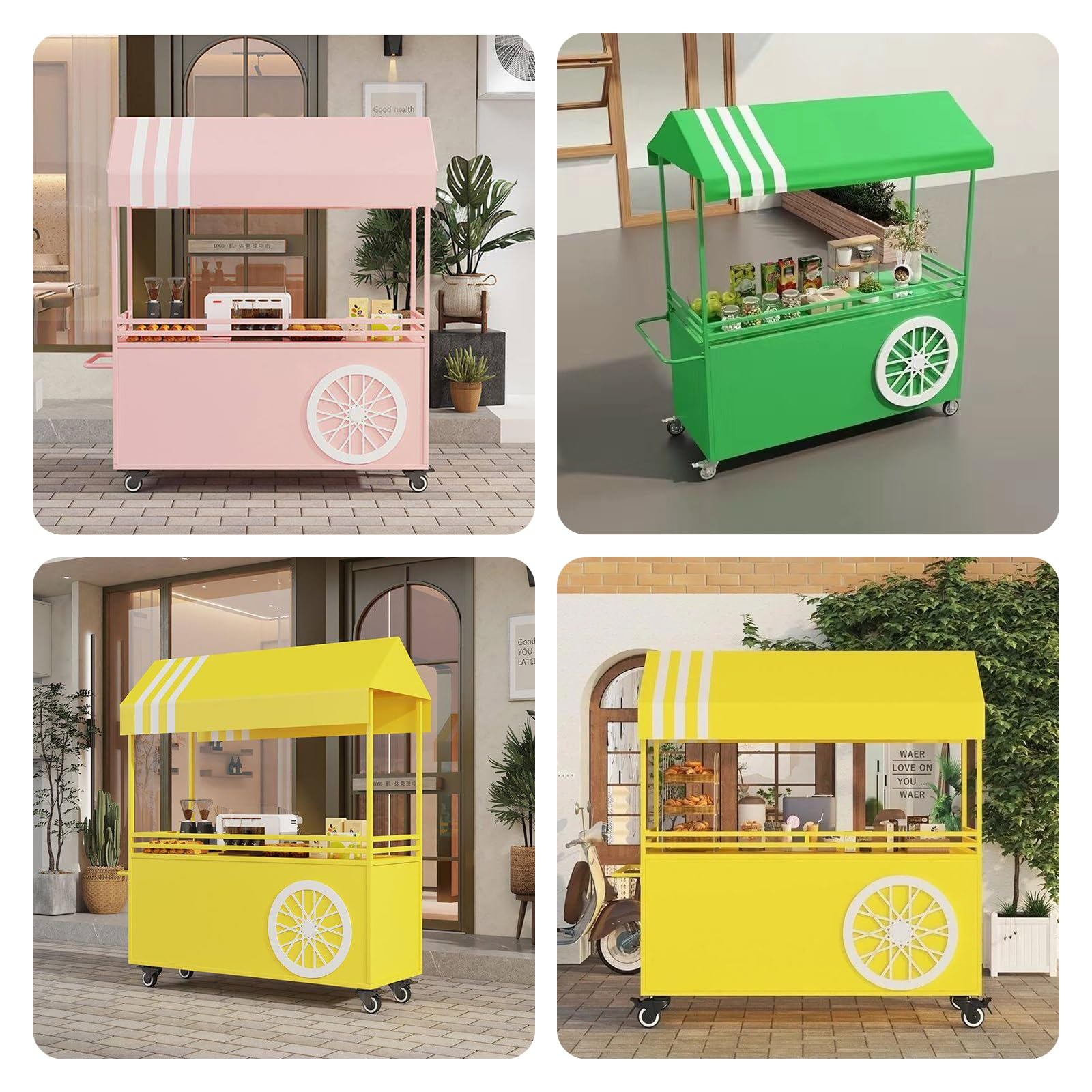 Puesto Ambulante con Toldo, Carrito de Venta con Ruedas, Stand de Venta con Exhibidor y Estante, Puesto para Mercadillo con Techo para Ferias y Exteriores(Green)