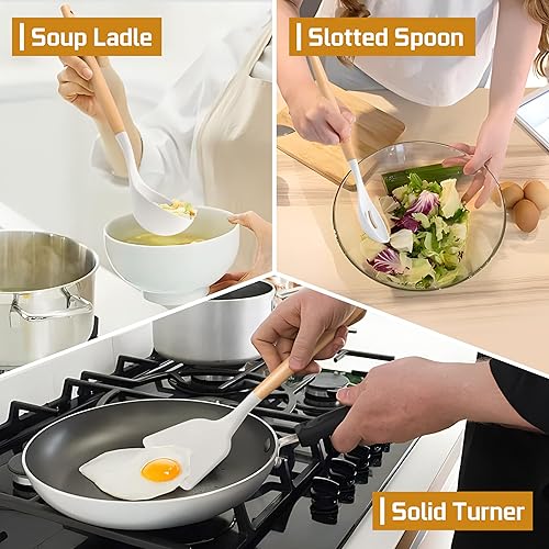 Miniatura 4 de TeamFar Juego de 6 utensilios de cocina de silicona con asas de madera para cocinargirarservirmezclar, herramientas de cocina resistentes al calor