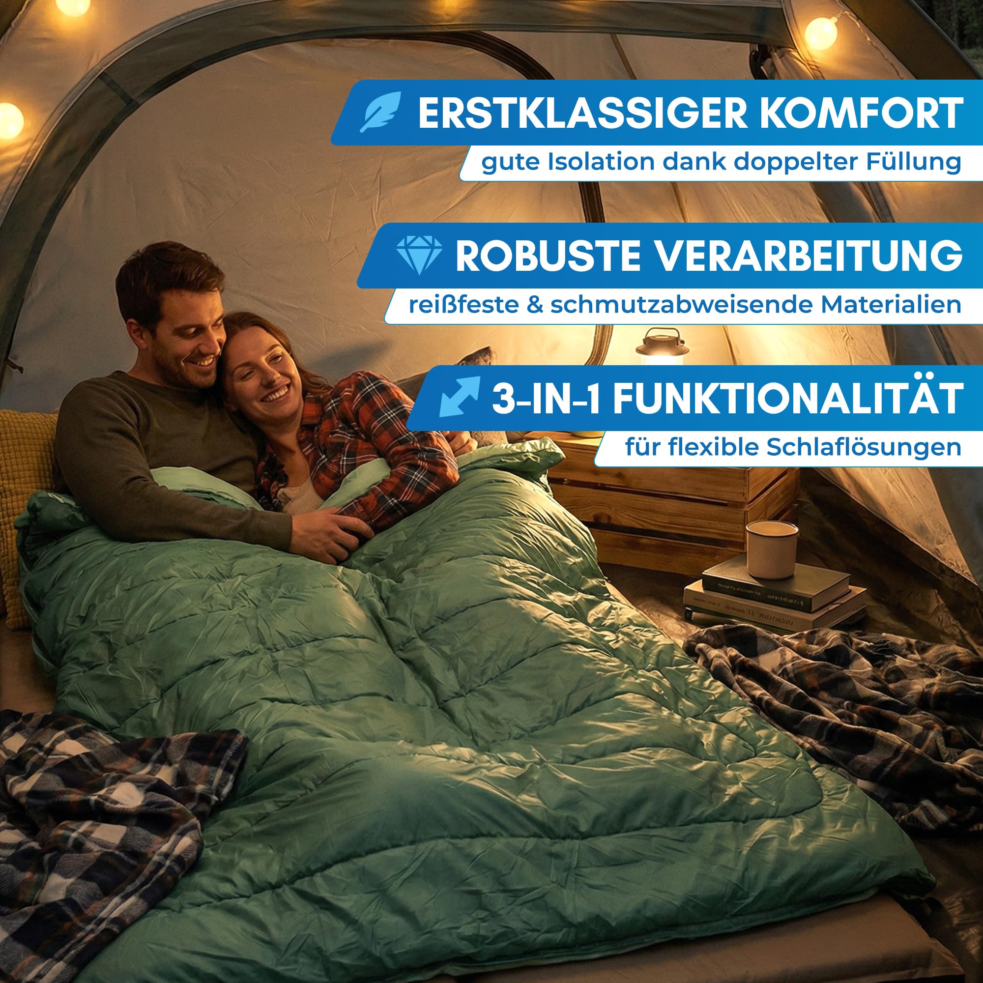 NORDMUT® Doppelschlafsack XXL inkl. Premium YKK Zwei-Wege-Reißverschluss – Kuschliger Schlafsack 2 Personen extra breit & groß – Doppelschlafsack 2 Personen mit optimaler Isolierung