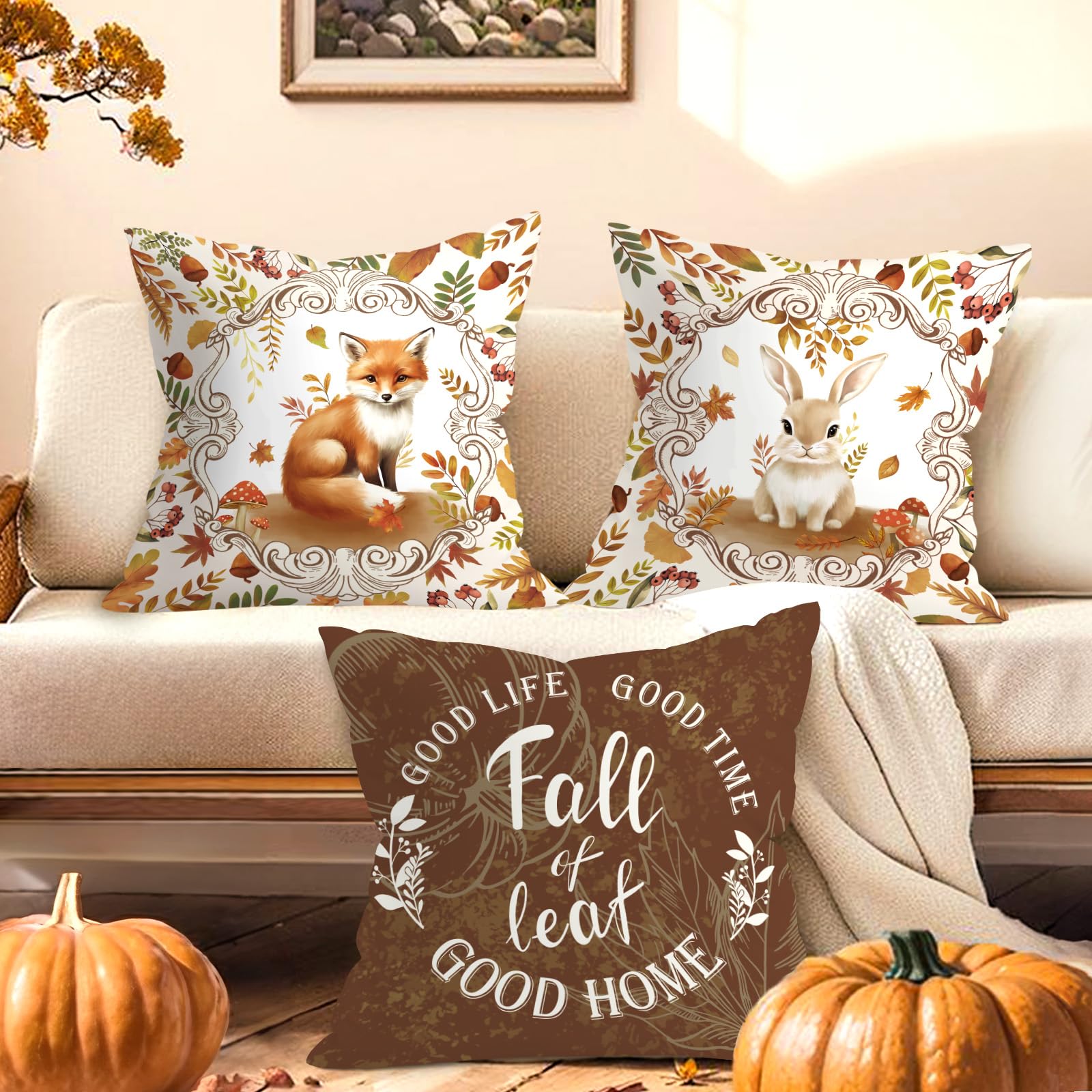 COZZSNUGE Autumn Animals Cushion Covers - Mushroom Deer Squirrel Rabbit Fox Design, Set Of 4, 45x45 Cm - View #9