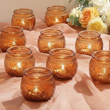Vintage Glass Candle Holder, Amber Tea Light Holder for Boho Wedding Decorations, Set of 48