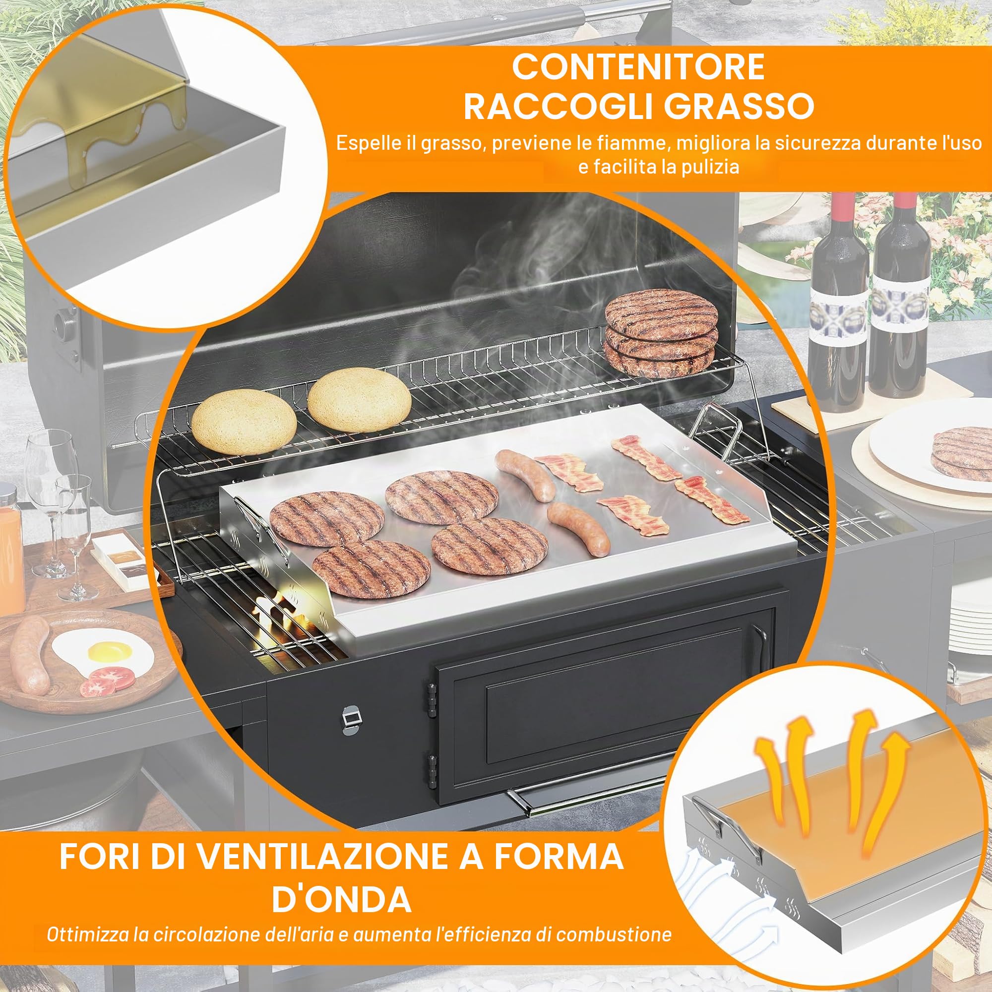 Froadp Piastra in acciaio inox | Piastra universale per barbecue 51x32x7 cm con canaletta per l'olio | Piastra per barbecue a gas e a carbonella | Accessori per barbecue inclusi spatola e manici