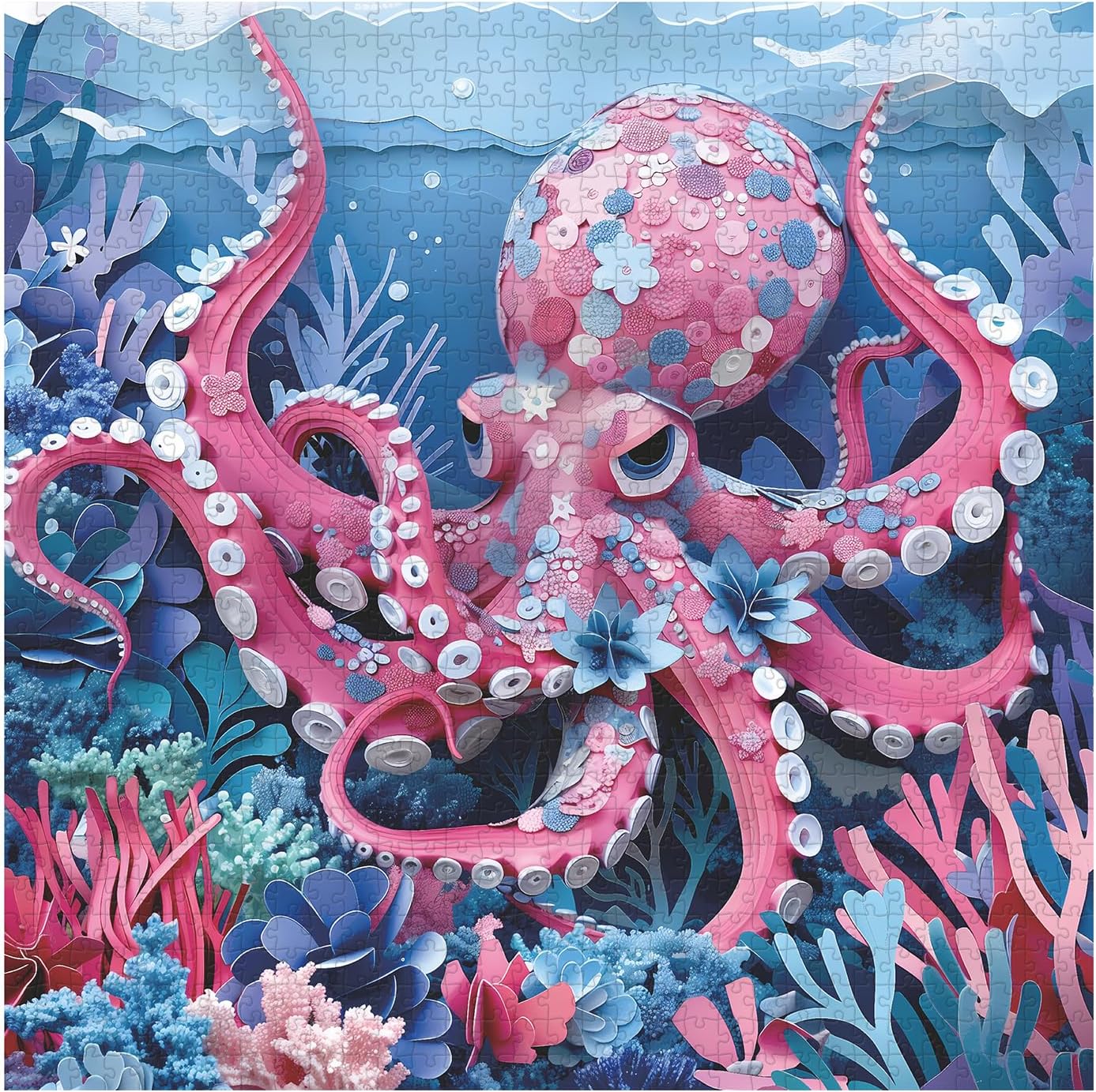 Ocean Octopus Puzzles for Adults 1000 Pieces, Deep Blue Sea Animal Jigsaw Puzzles, Colorful Coral Paper Art Impossible Challenging Puzzles as Octopus Wall Decor