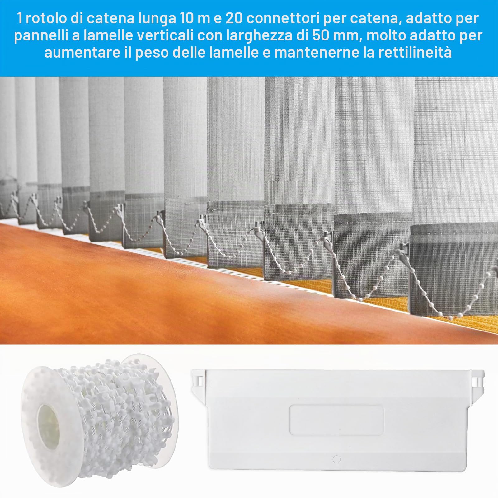 20 pannelli di contrappeso, 127 mm, con catena bianca da 10 m, 20 connettori per catena, per tende, accessori per tende verticali, accessori per finestre