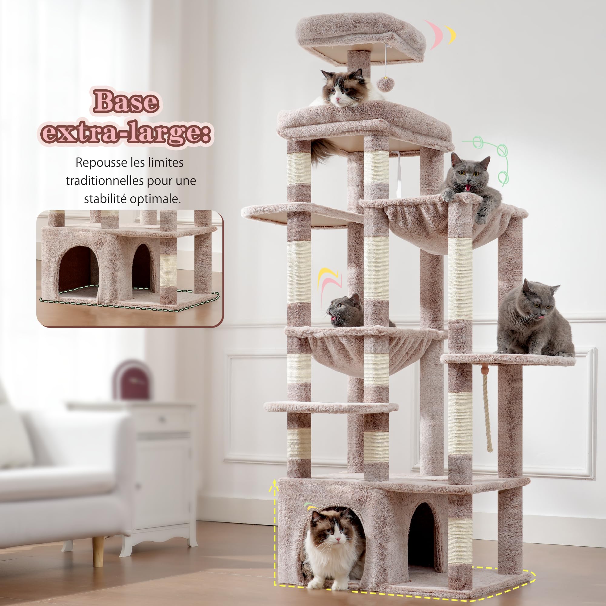 Heybly Arbre À Chat, 180cm De Haut avec Base Stable, Plateforme XL, Grande Maison pour Chat, 2 Hamacs, Meubles pour Chats À Plusieurs Niveaux pour Les Chats du Maine, Marron Beige HCT037MU