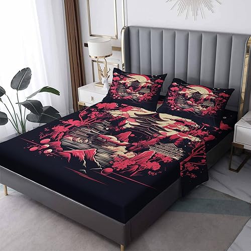 Sábanas japonesas tamaño King  Sábanas de cama de estilo asiático, microfibra suave y bolsillo profundo, sábanas y fundas de almohada estampadas sin