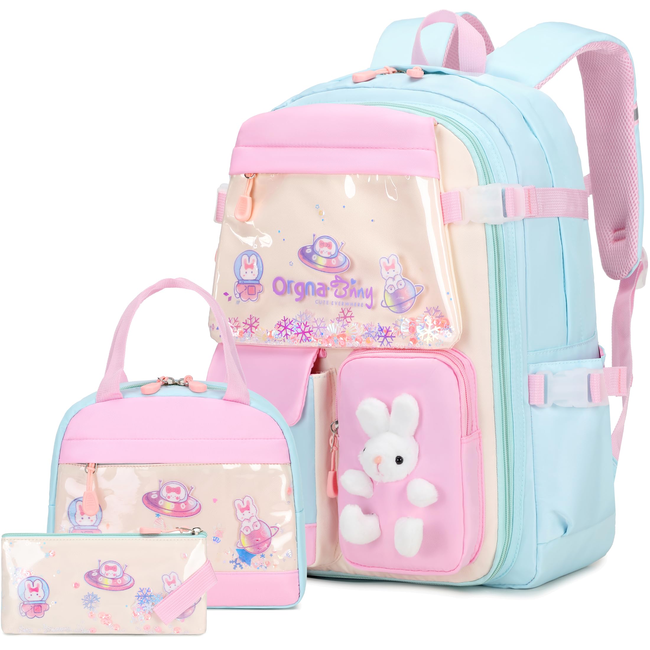 FIXITOK Girls Backpack Set, 3PCS Kids Backpack for Girls, Kawaii Bunny School Backpacks for Girl Kindergarten Elementary Preschool Middle School Bags