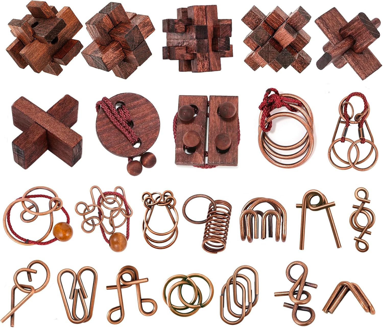 24 Pcs Brain Teaser Puzzles for Adults - Metal & Wooden 3D IQ Test Logic Game, Unlock Interlocking Brain Puzzle Toys for Teens Kids, Smart Educational Desk Toy for Mind Challenges