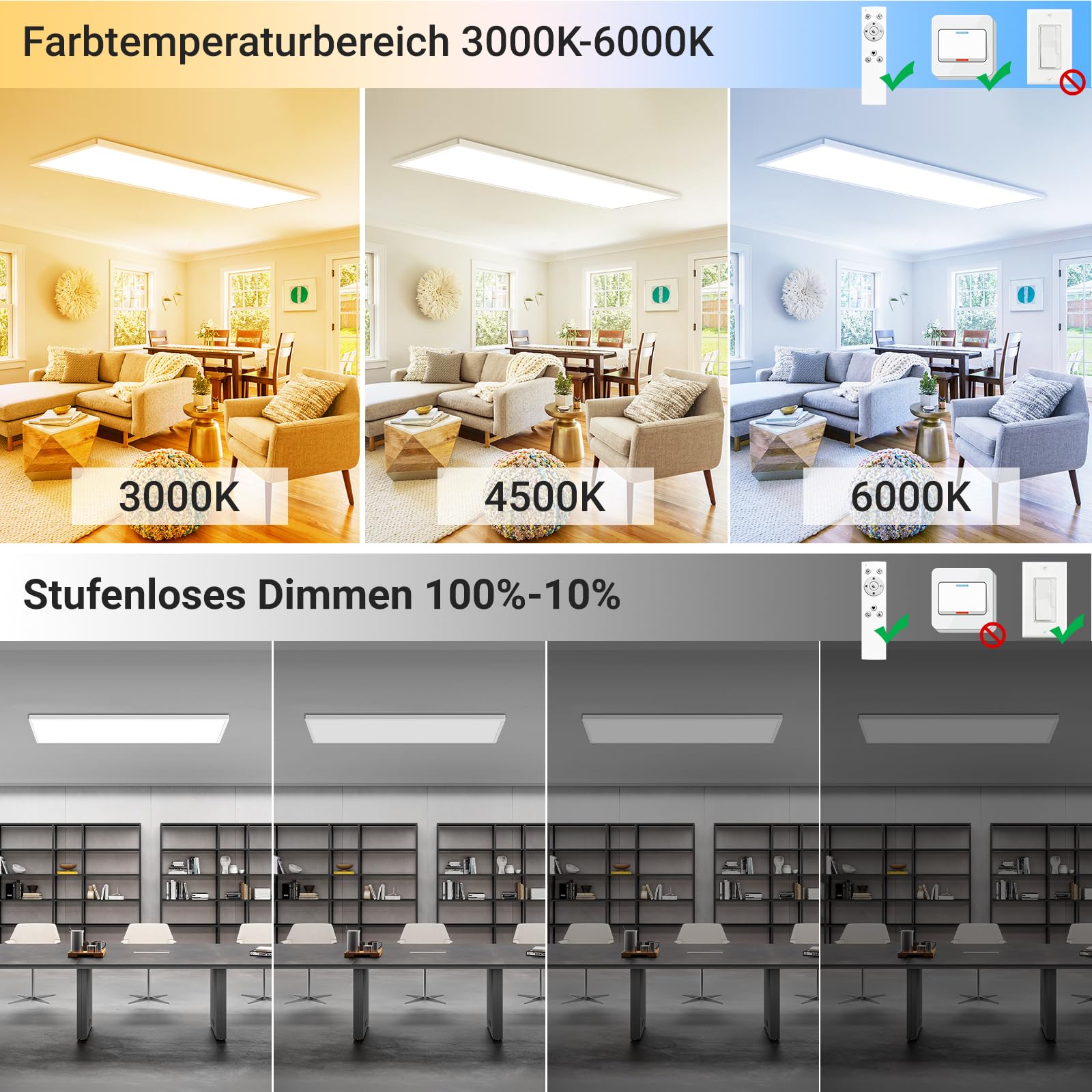 zemty LED Panel Deckenleuchte 80x25 cm, 40W 4000LM Deckenlampe Flach mit Fernbedienung Dimmbar, 3000-6000K Tageslichtlampe Decke Lang für Küche Schlafzimmer Wohnzimmer