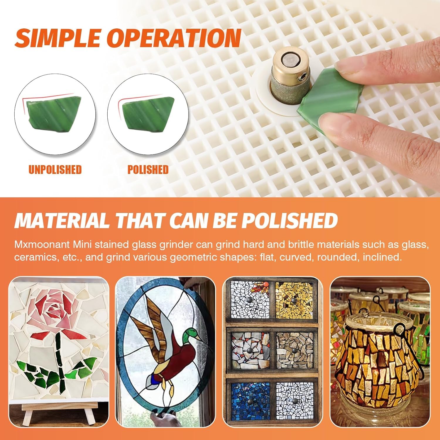 Mxmoonant Automatische Glasschleifmaschine für Buntglas, Keramik | DIY-Heimdekoration, Mosaikfliesen, Handwerk, mit 2 Diamantschleiferbits (5/8'' & 1'') & Schallwand, EU Stecker (Orange)