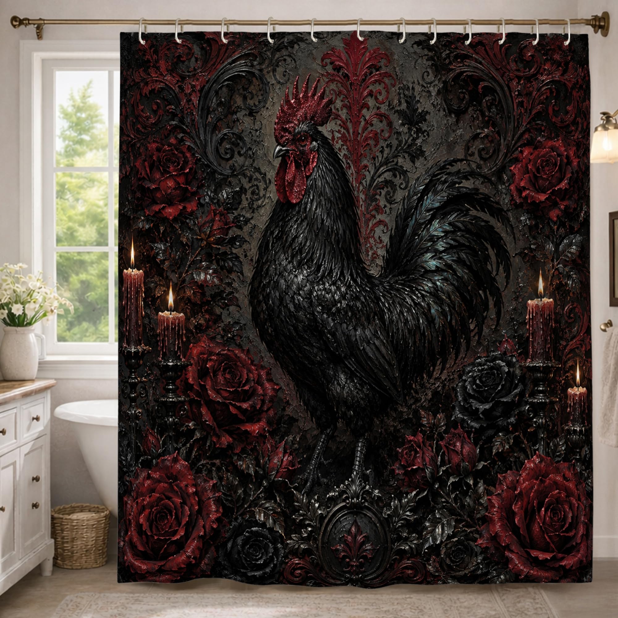 Rideau de douche vintage noir coq et roses pour instaurer une ambiance gothique chez soi