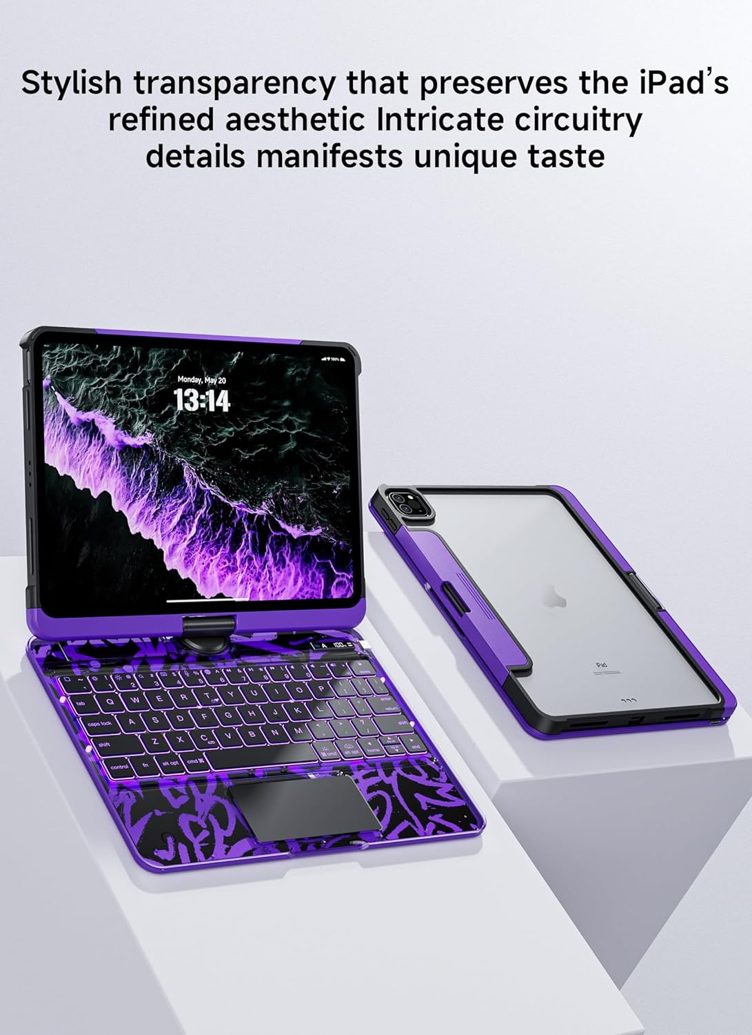Keyboard Case for iPad Pro 13-inch (M5/M4, 2025/2024), 360° Rotating Clear Case with Multi-Touch Trackpad, 7-Color Backlit Keyboard, LCD Power Display, Pencil Holder, Purple