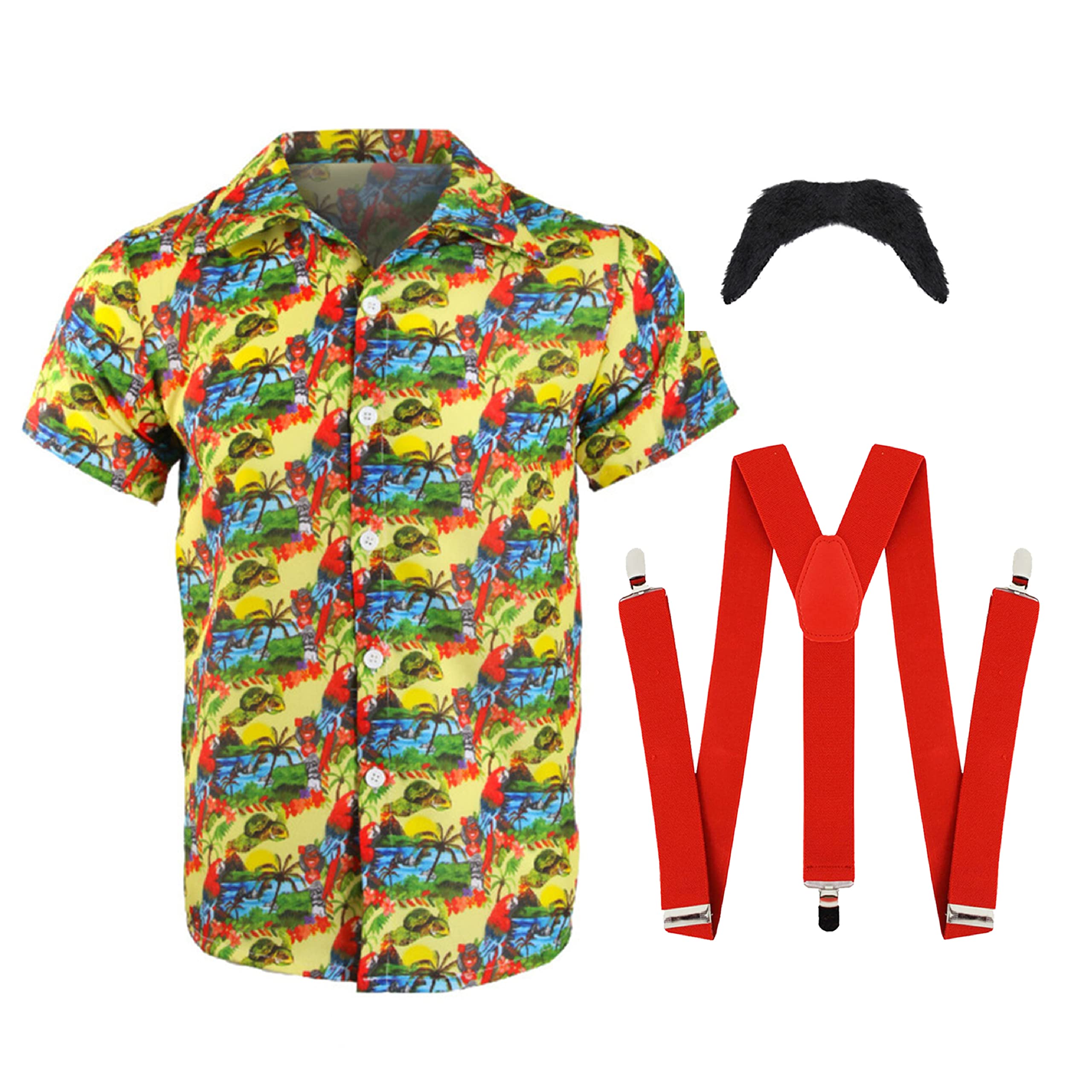 Adults Yellow Comedy Brothers Costume - Yellow Shirt With Hawaiian Print, Black Moustache, and Red Braces - Perfect for Couples/duo Dress Up, Funny Fancy Dress Parties and Other Fancy Dress Events