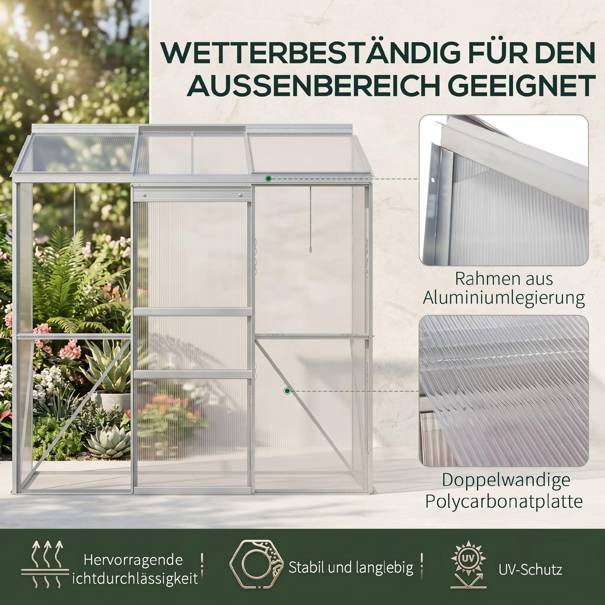Outsunny Gewächshaus aus Polycarbonat und Alu 192 x 68 x 196 cm Silber | Mit Schiebetür, Aufklappbare Dachfenster, Treibhaus Tomatenhaus Pflanzenhaus für Garten