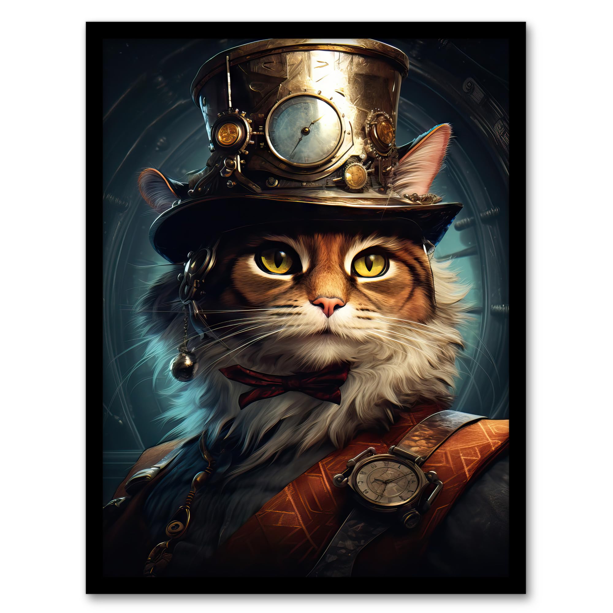 Artery8 Framed A4 Top Hat Magic Cat Fun Steampunk Cat Explorer Artwork Framed Wall Art Print A4