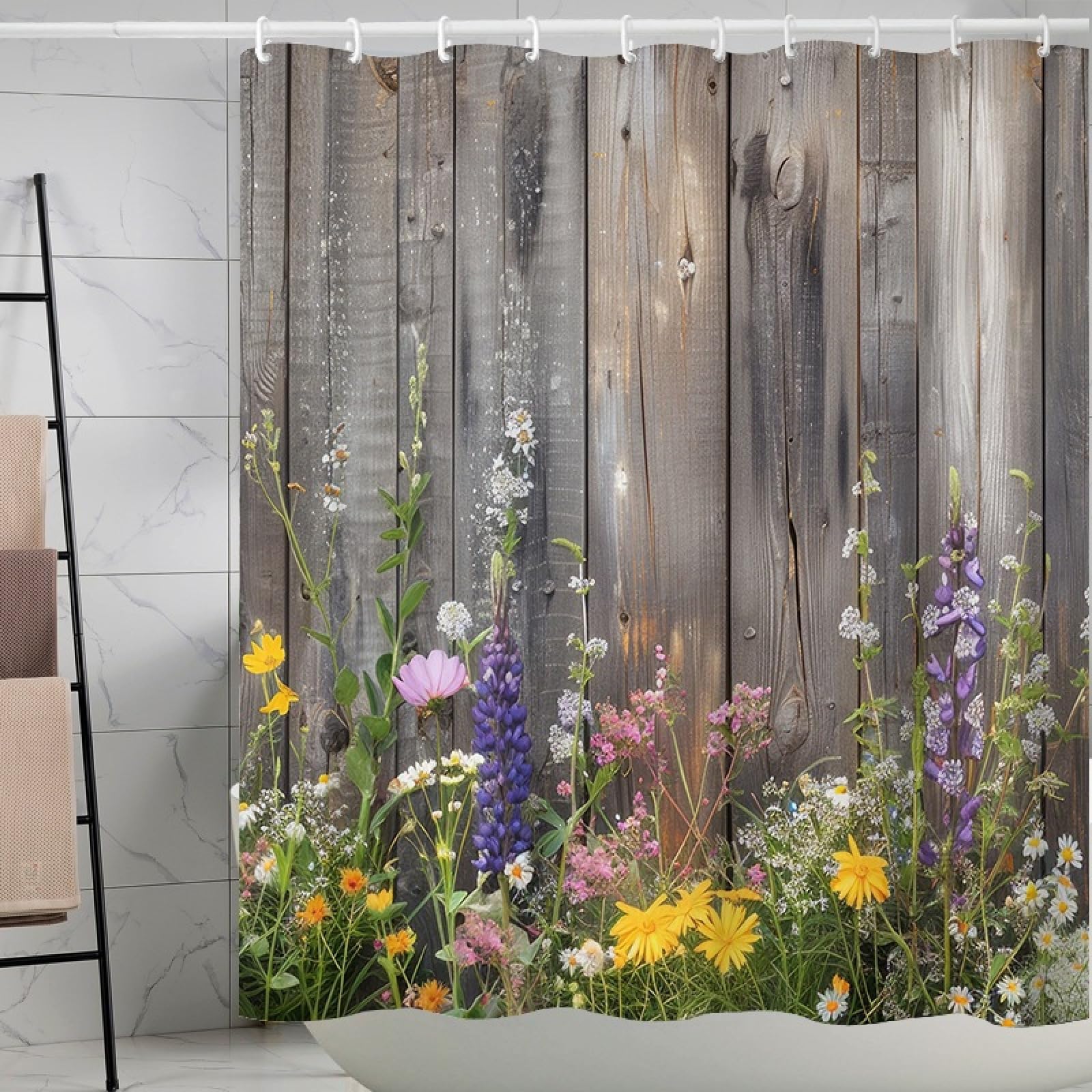 Shower Curtains Grey Wooden Board Wet Room Shower Curtain Mould Proof Resistant Waterproof Polyster Fabric Washable with 12 Hooks Garden Bathroom Curtains (180x180cm)