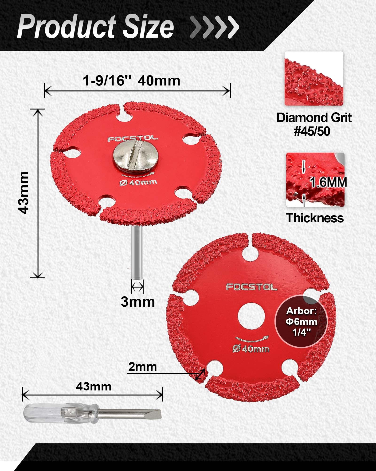 FOCSTOL Disco Corte para Metal - 5 piezas 40mm Disco Diamante Mini y 1 pieza Mango Redondo 3mm para Cortar Tubos de Hierro Delgados, Chapas de Hierro Finas, Pernos y Tornillos