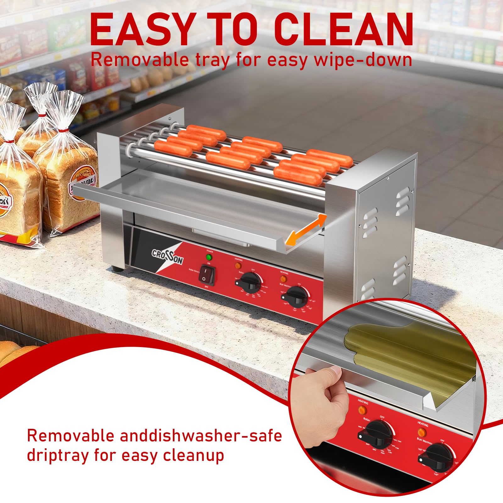CROSSON Macchina Hot Dog Professionale 5 Rouley con Cassetta Riscaldante per Panini,12 Hotdogs Rullo Elettrico per Hot Dog con Controllo della Temperatura,1050W