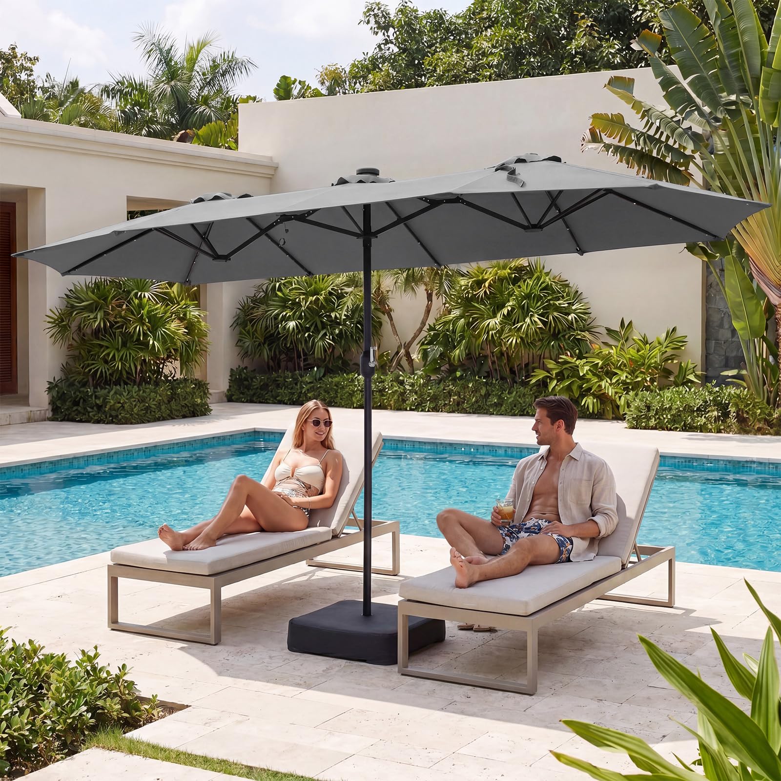 RELAX4LIFE Grand Parasol de Jardin Exterieur LED avec Pied, 4x2M Parasol Double Éclairé pour Terrasse/Piscine/Marché, 12 Baleines Renforcées, Manivelle, Protection Solaire pour 6-8 Personnes (Gris)