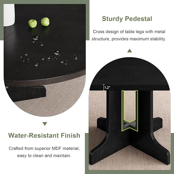 Feonase 59 Round Extendable Dining Room Table for 4-6, Modern Oval Kitchen Table with Heavy Duty Wood Base, Metal Frame Support, for Kitchen Dining Living Room, Easy Assembly, Black
