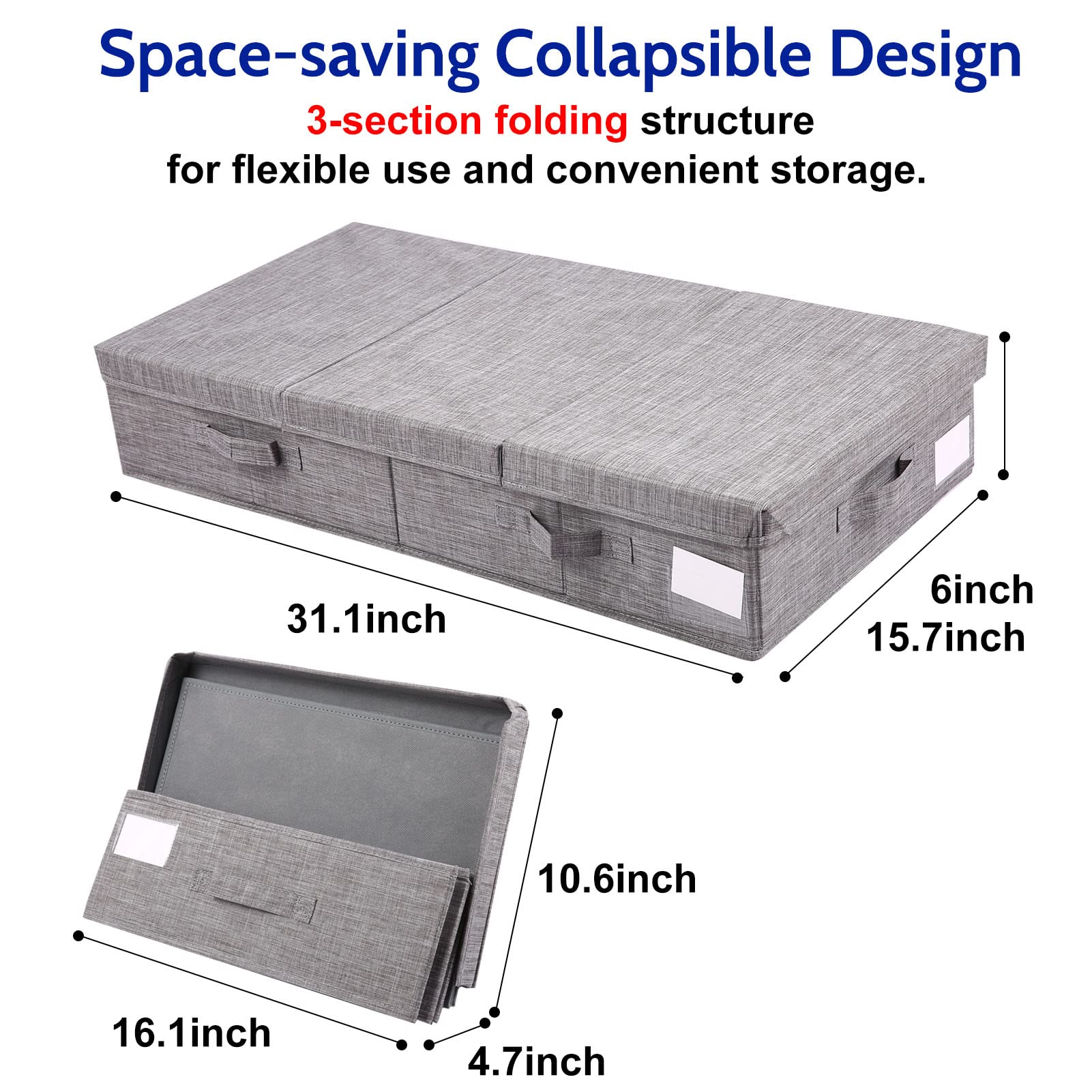 Kavolet 2 scatole portaoggetti sotto letto con coperchio, cassettiera pieghevole per armadio, coperta, vestiti, scarpe, giocattoli, tessuto, contenitore con 4 manici (grigio)
