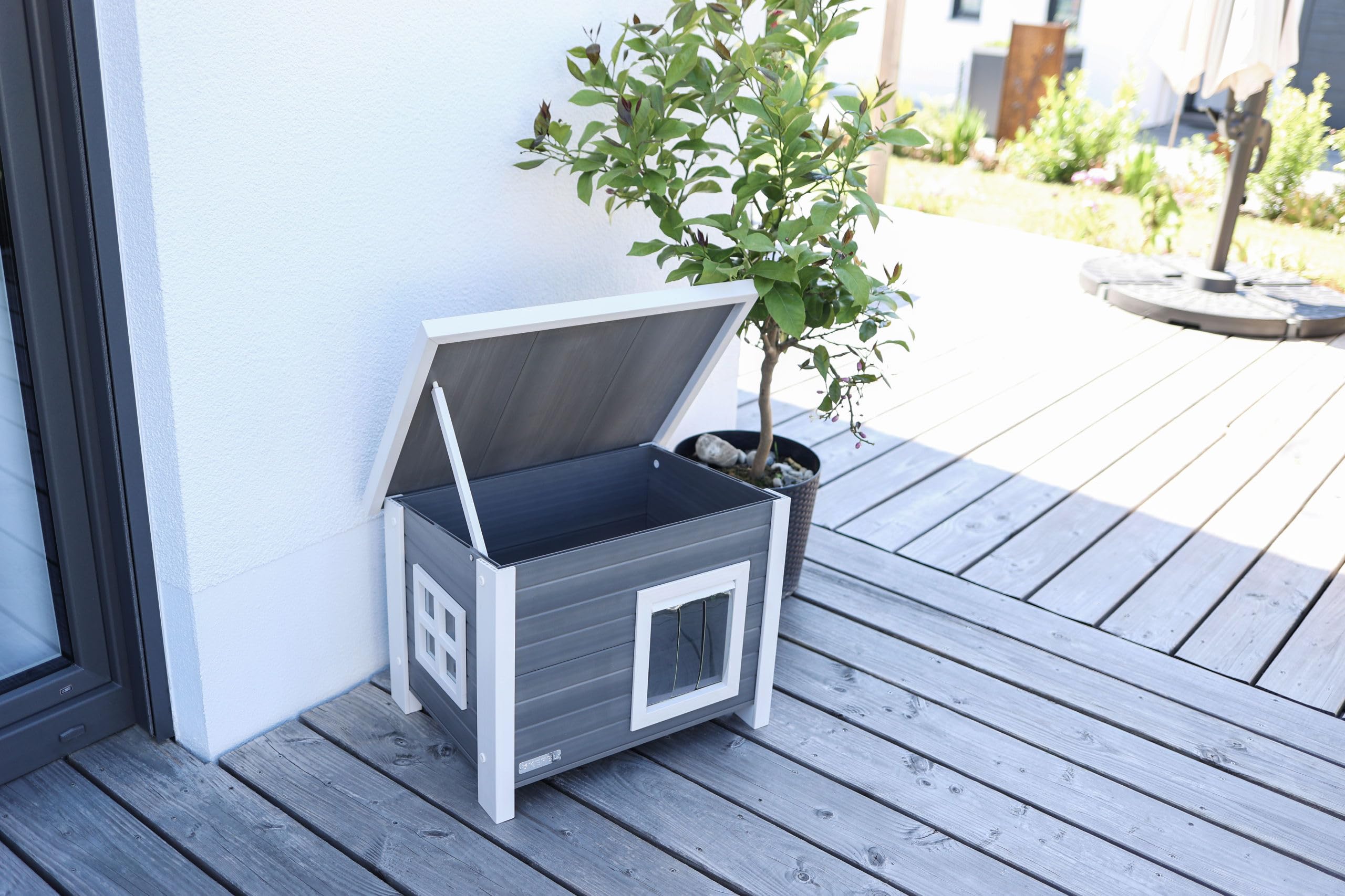 Kerbl Pet Eco Caseta para Gatos Eli, Gris, Blanca, 57x45x43cm, plástico Reciclado, Madera, Gatos, Resistente a la Intemperie, fácil Montaje