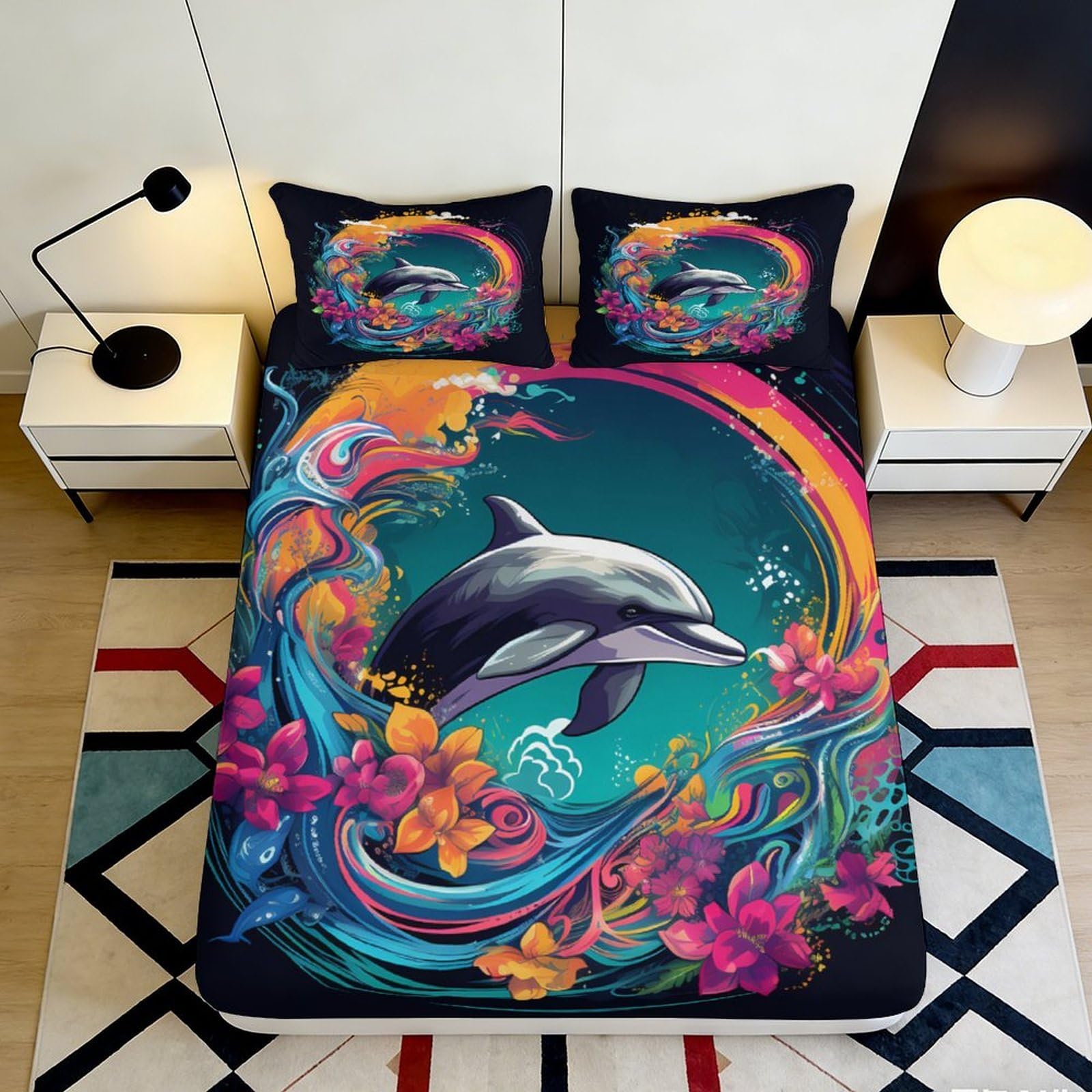 3D Printed Dolphin Ocean Fitted Sheet Microfiber Vibrant Floral Mattress Cover Bedroom Decor Anti-Slip Machine Washable 90x200x25cm