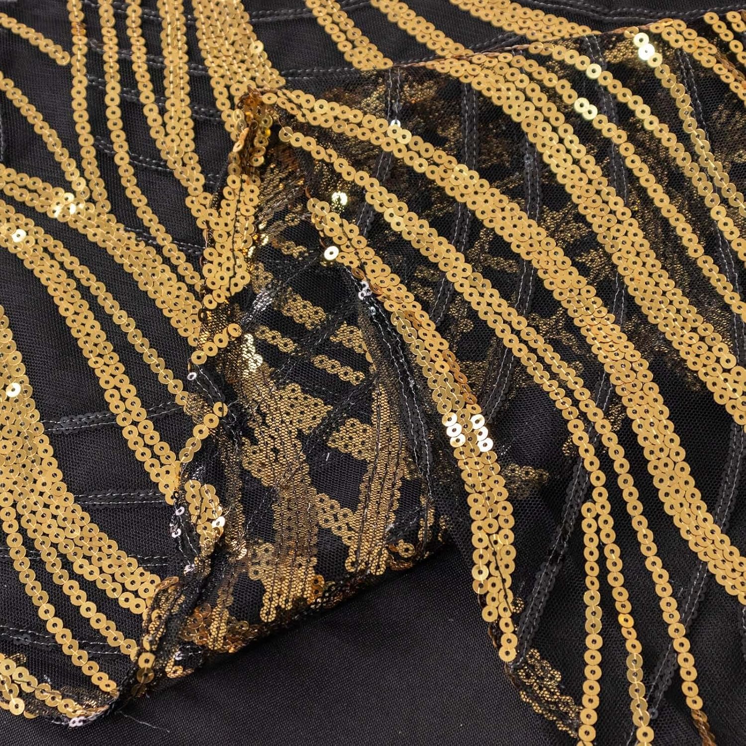 Efavormart 72"x72" Black Gold Wave Embroidered Sequin Table Overlay, Sparkly Square Table Topper