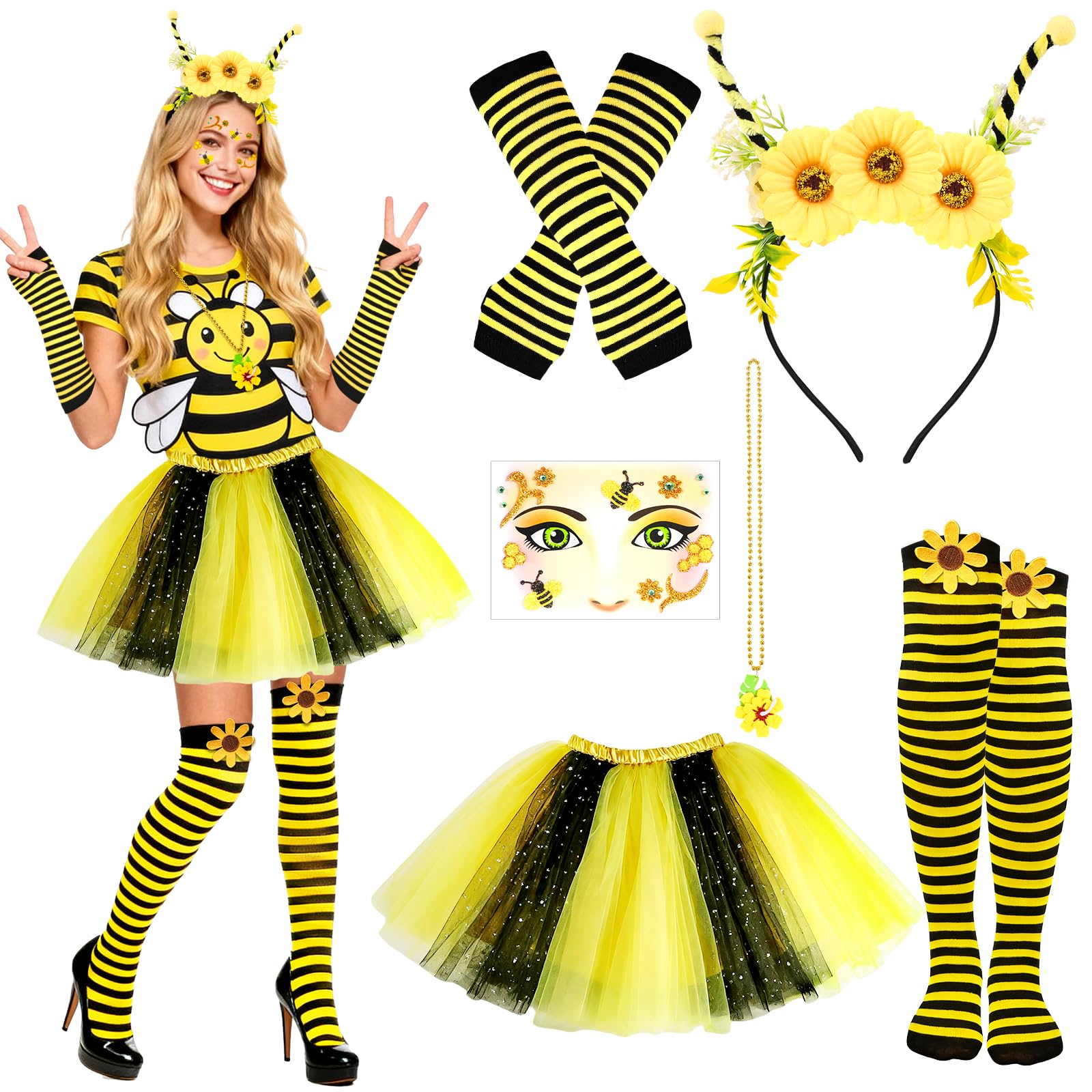 Costume Da Ape Donna – Gonna In Tulle, Guanti E Calzini A Righe, Fascia – Taglia Unica