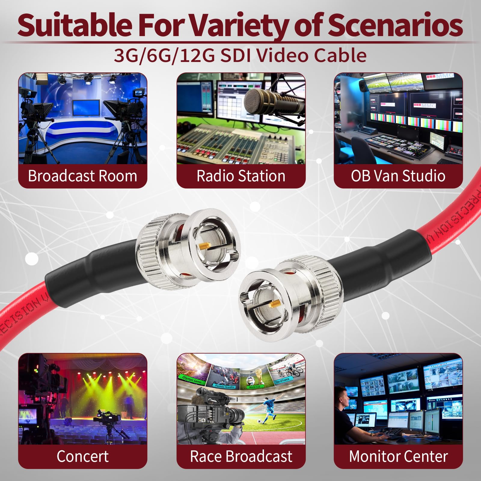 Superbat Câble SDI Court 3G/6G/12G 60cm Cordon BNC Mâle à Mâle Belden 1694A Rouge 75Ohm Supporte 4K/8K 1080p pour Blackmagic Caméra Vidéo Broadcast et Studio DVR (2 pièces)