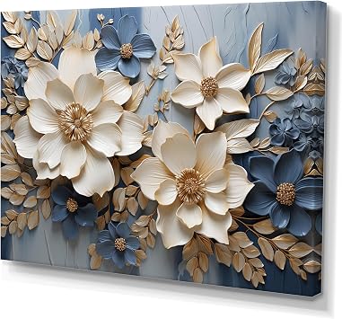 DesignQ Seasonal Flowers Wall art decor, Seasonal Flowers Wall Art, Serene Blue Floral Mixture, Beige Canvas wall art, 32x16 inches