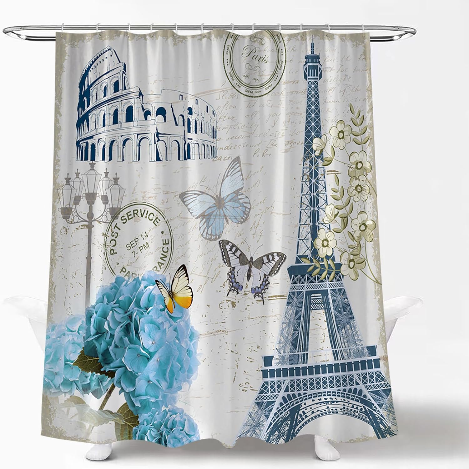 Generic Paris Eiffel Tower Shower Curtain Vintage French Blue Floral Hydrangea France Romantic Blossom Butterfly Retro Car Europe Postmark Envelope Fabric Bathroom Curtain Set with Hooks