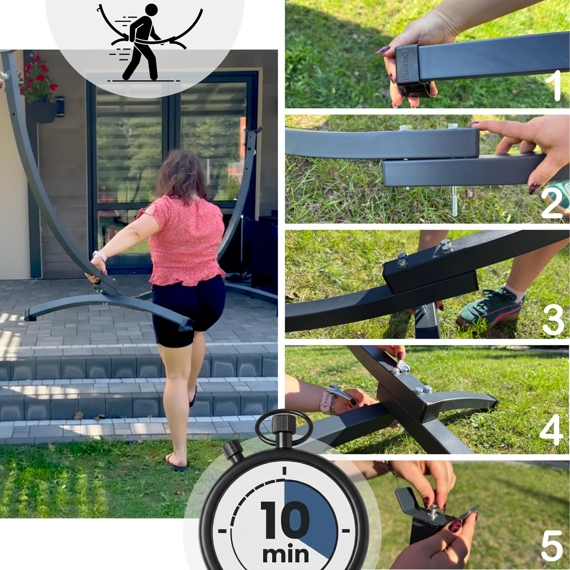 Potenza Hängematte mit Gestell I Stabiler Rahmen 200kg - 250cm Balkon I Hängematte 200x120cm I Indoor Outdoor Garten Pool Terrasse Stahl (Basic Gestell Graphit, Rot)