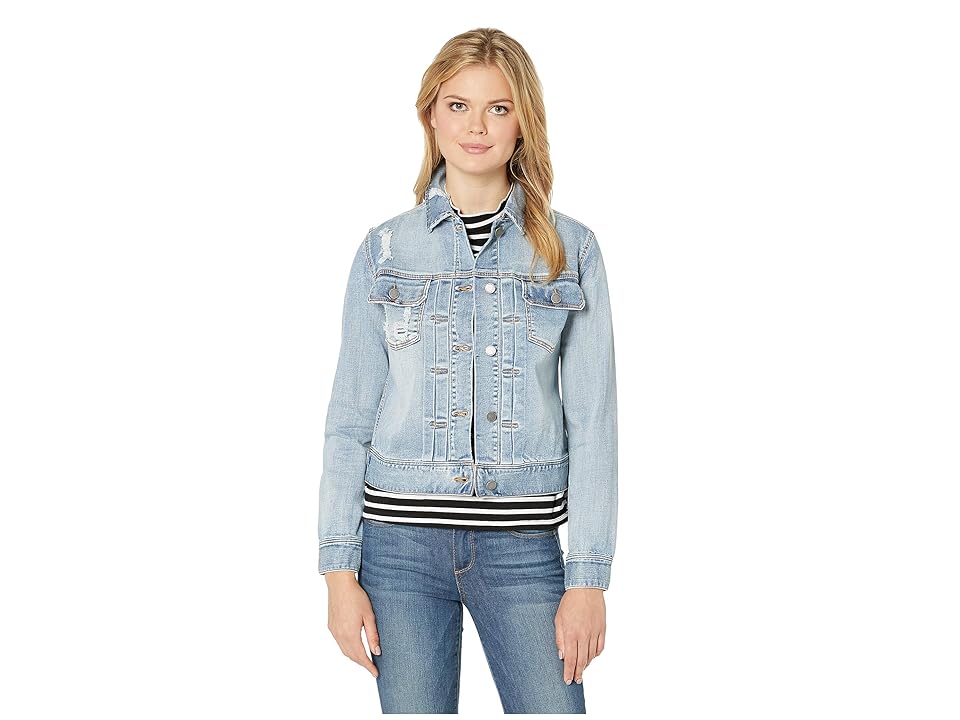 

Liverpool Pleated Front Denim Jacket in Vintage Super Comfort Stretch Denim (Glenmore Destruct) Women's Coat, Blue