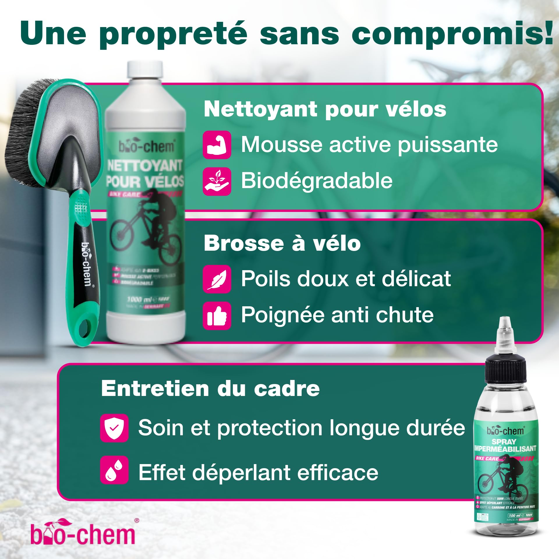 bio-chem Kit 9 produits d'entretien et nettoyage vélo, vtt + accessoires | Produits nettoyants d'entretien du cadre velo route, chaine vtt - Accessoires inclus - Boite de rangement incluse