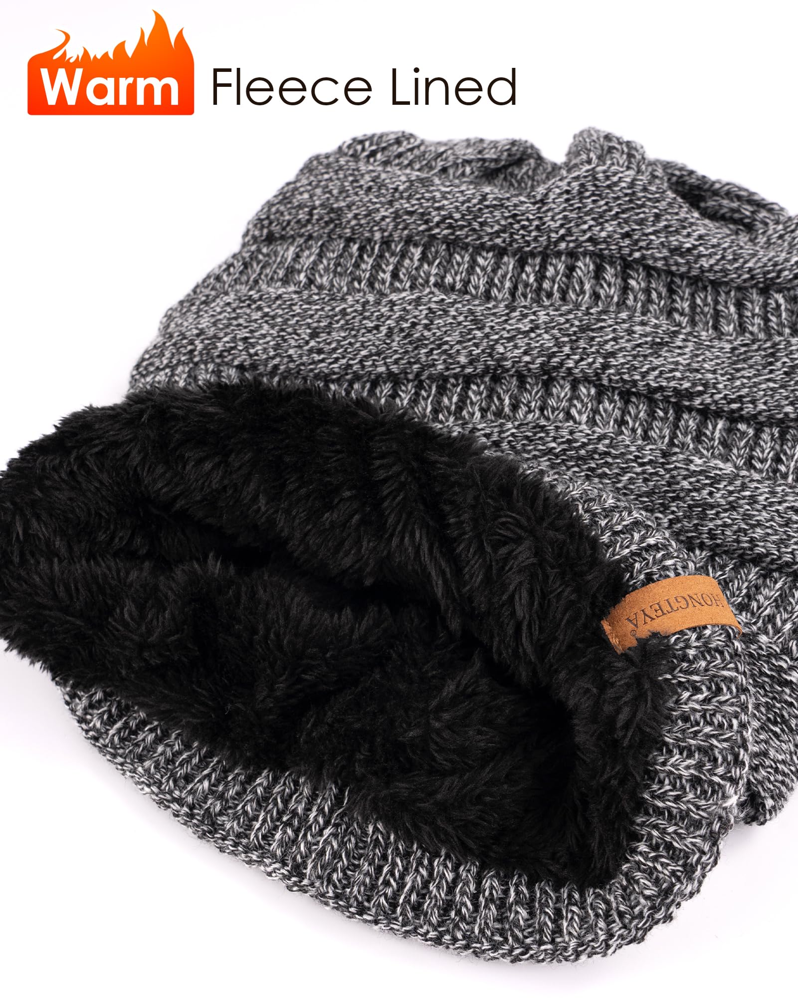 Damen Beanie Schal Handschuhe Stirnband Set Wintermützen Fleece gefüttert Schal Touchscreen Handschuhe Ohrwärmer Strick 4 Geschenk-Set