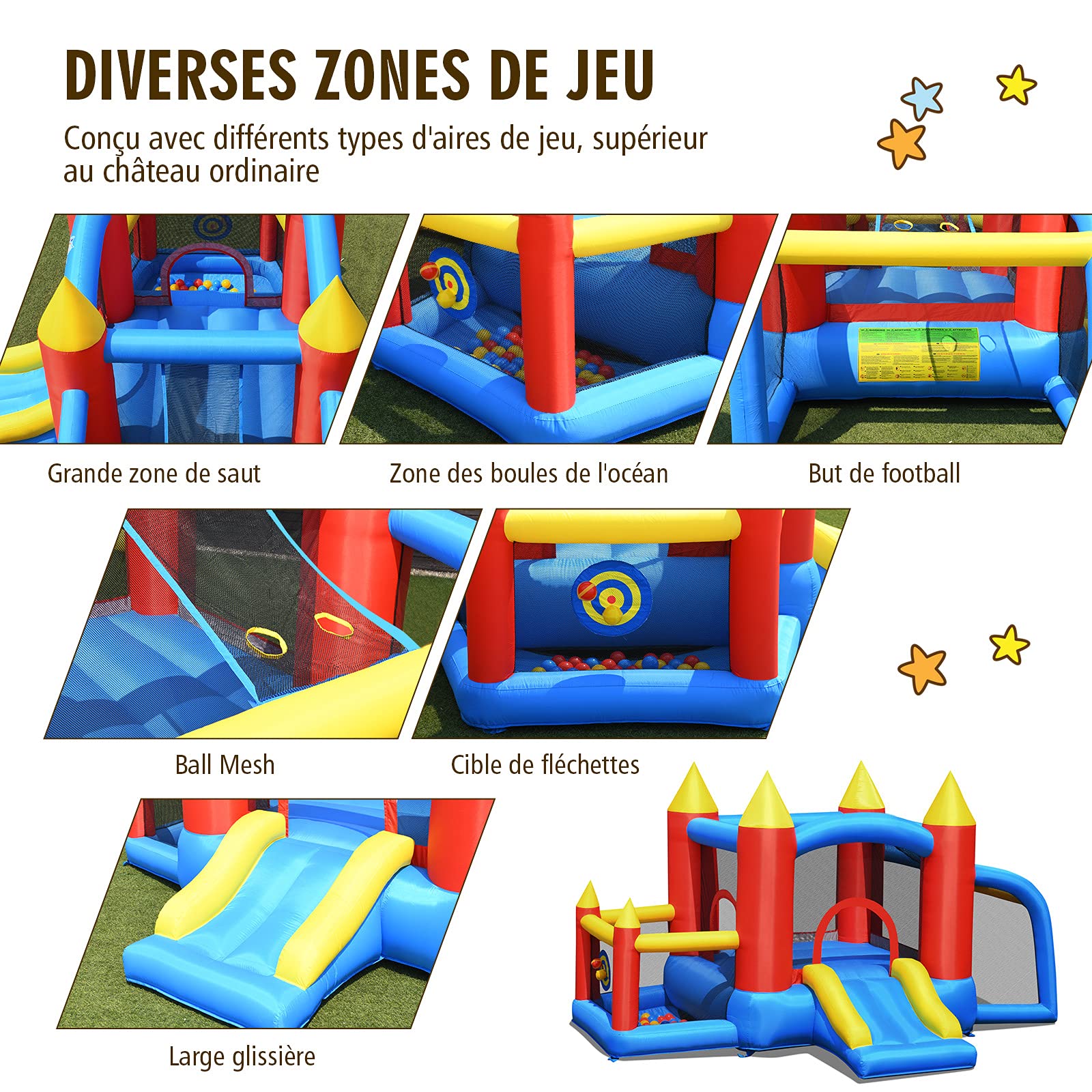 COSTWAY Château Gonflable avec Toboggan et Souffleur, Aire de Jeux Gonflable avec Maison de Saut et Piscine, But de Football, 60 Boules, Intérieur Extérieur, Charge 90kg pour 3-10 Ans