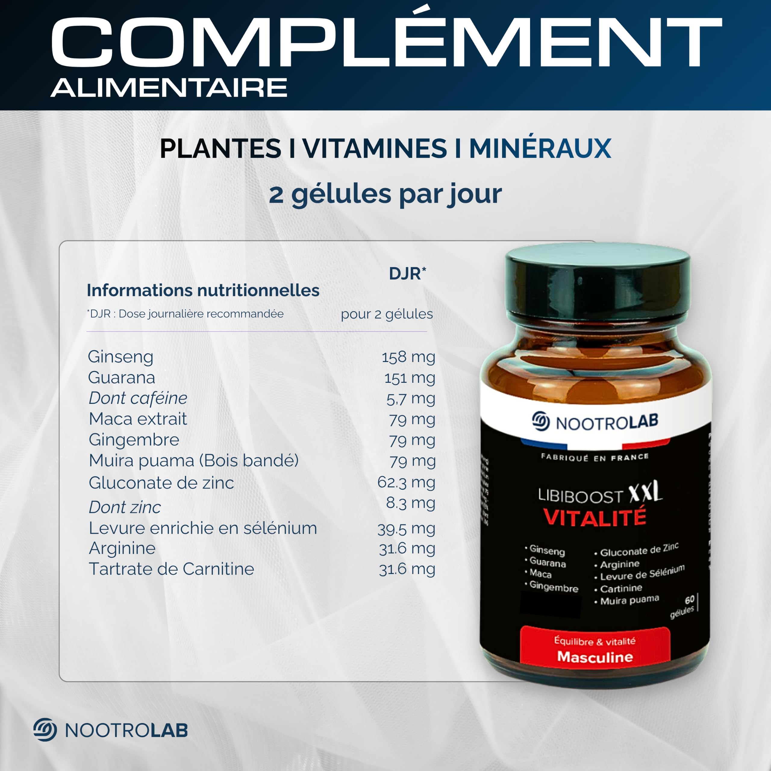 Libiboost – Complément Vitalité Sexuelle Homme – Ginseng, Maca, Zinc, Guarana, Gingembre, Bois Bandé – Libido, Énergie, Érection – Fabriqué en France – Fertilité, Performance