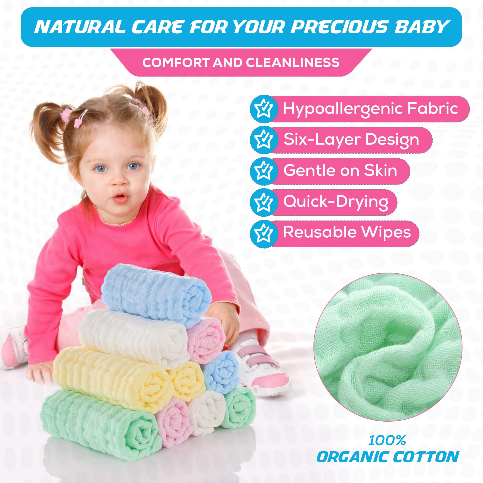 Paquete de 10 paños unisex de muselina suave para uso diario, 100 % algodón, para pieles delicadas, suaves y superabsorbentes, esenciales para bebés recién nacidos y lista de regalos de