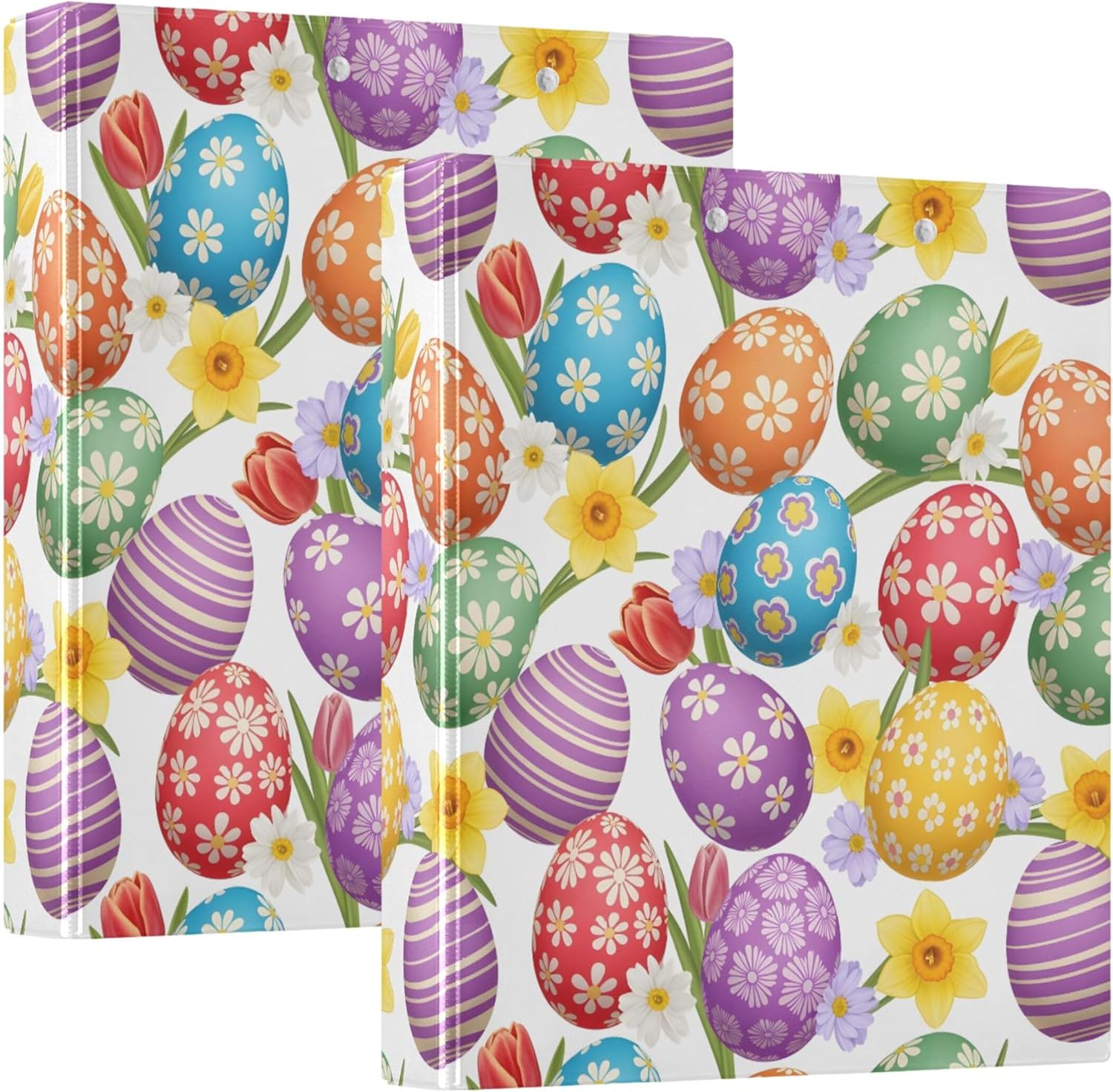 Happy Easter Eggs Design 3 Ring Binders, 1.5” Round Ring Binders with Clipboard - Letter Size, 3 Interior PVC Clear Pockets & Anti-Slip Clip for Office School Supplies, 2PCS
