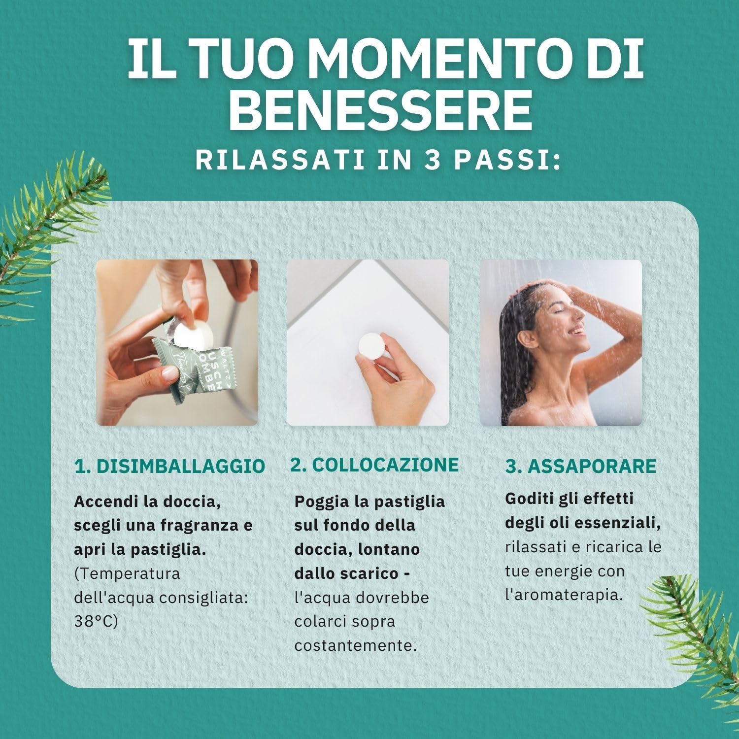 WALTZ 7 Set di Bombe da Doccia all’Abete Rosso, Bombe da Bagno con Olio Essenziale di Pino per il Benessere e il Relax, Vegane per Aromaterapia, Effetto Calmante e Rigenerante, Confezione da 6
