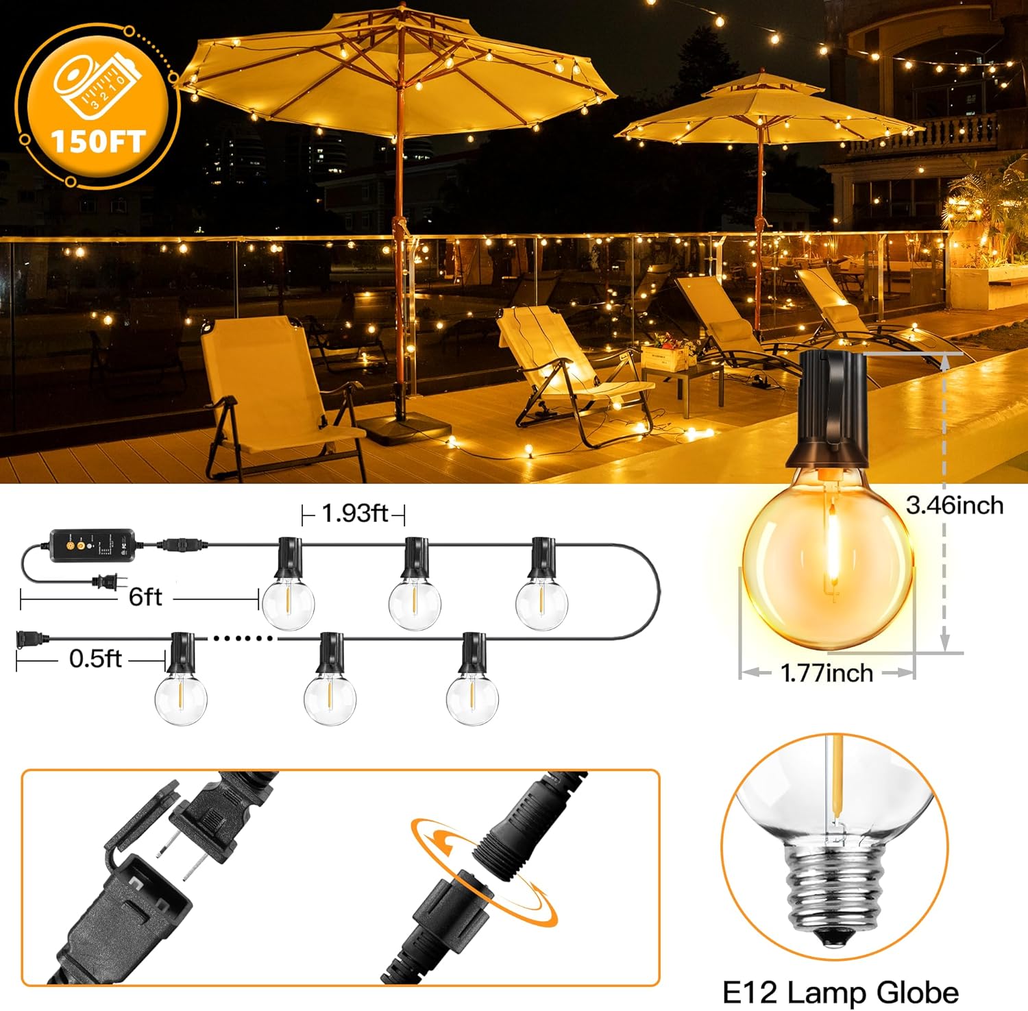 Outdoor String Lights 150FT with Remote Dimmer, G40 Globe LED Patio Lights with 75 Edison Plastic Bulbs(4 Spare), Waterproof Hanging Lights for Backyard Balcony Yard Deck Garden Party