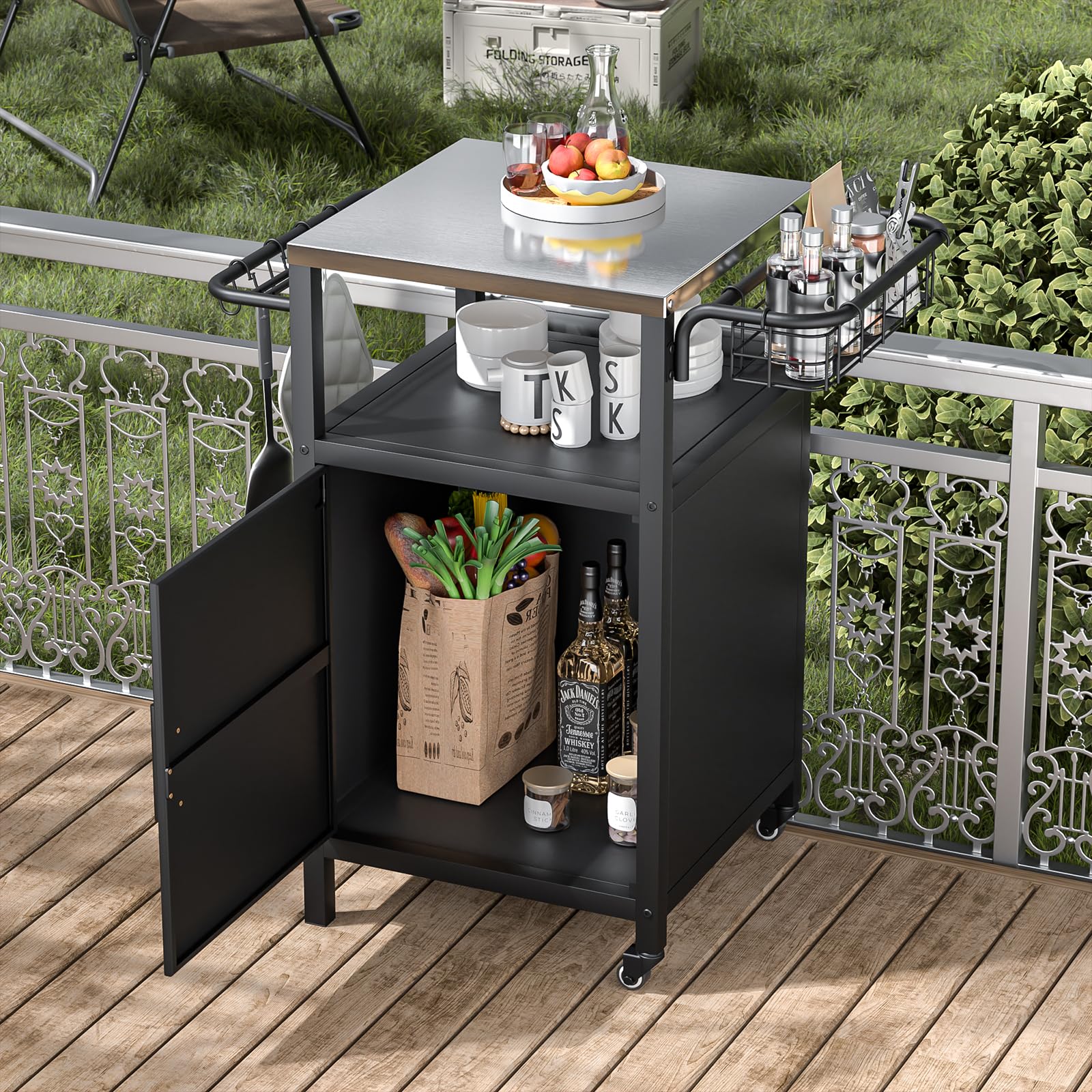 Grillwagen Grilltisch Outdoor Grill Trolley Küchenwagen, Edelstahl, wetterfest, mit Schrank und 2 Rollen für BBQ und Garten