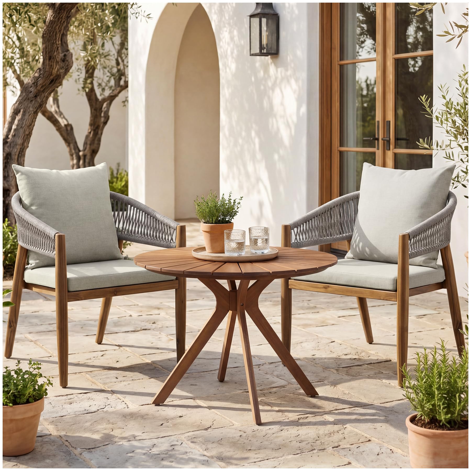 tectake® Set da Giardino da 3 Pezzi, Tavolo Rotondo Ø 70 cm e 2 Sedie Rope