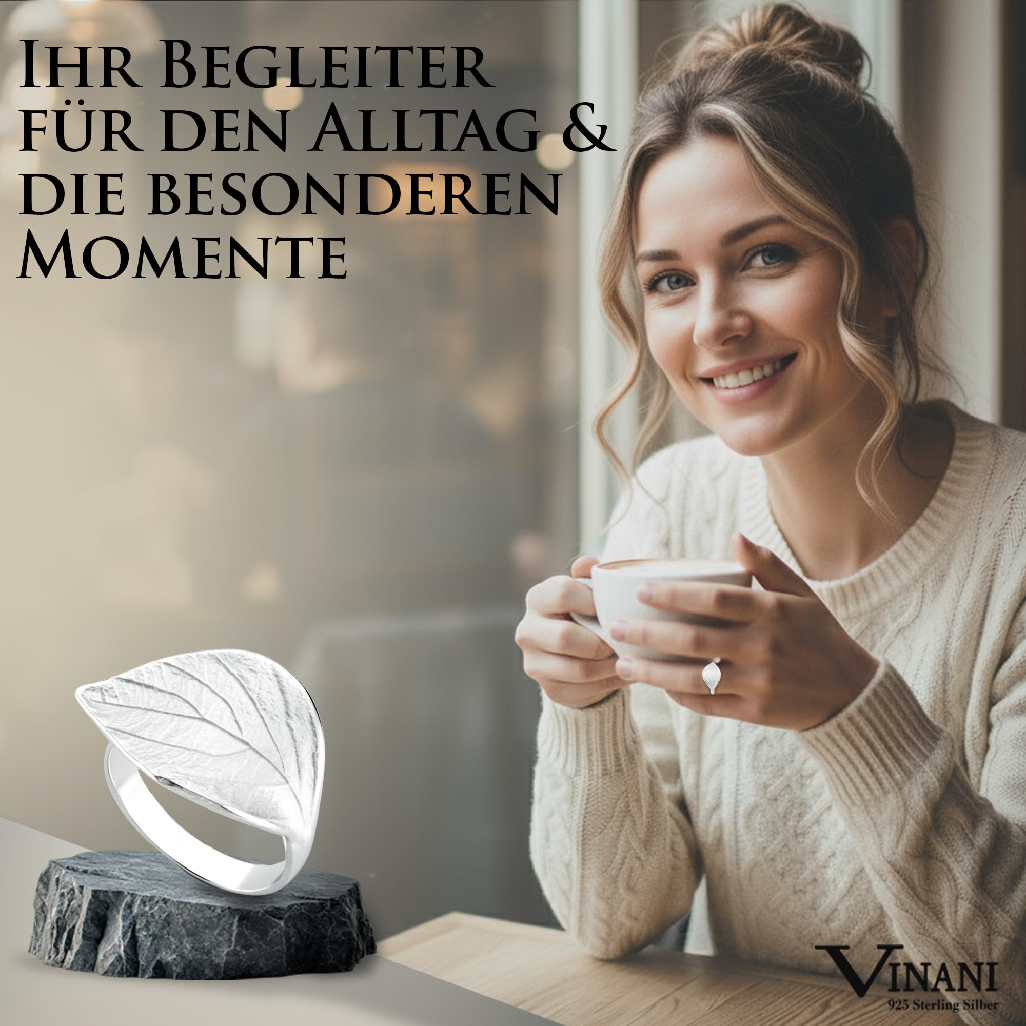 Vinani Damenring aus 925 Sterling Silber – Breiter Blatt-Ring, sandgestrahlt & glänzend, nickelfrei & antiallergisch, handgefertigter eleganter Silberschmuck, Geschenk für Frauen