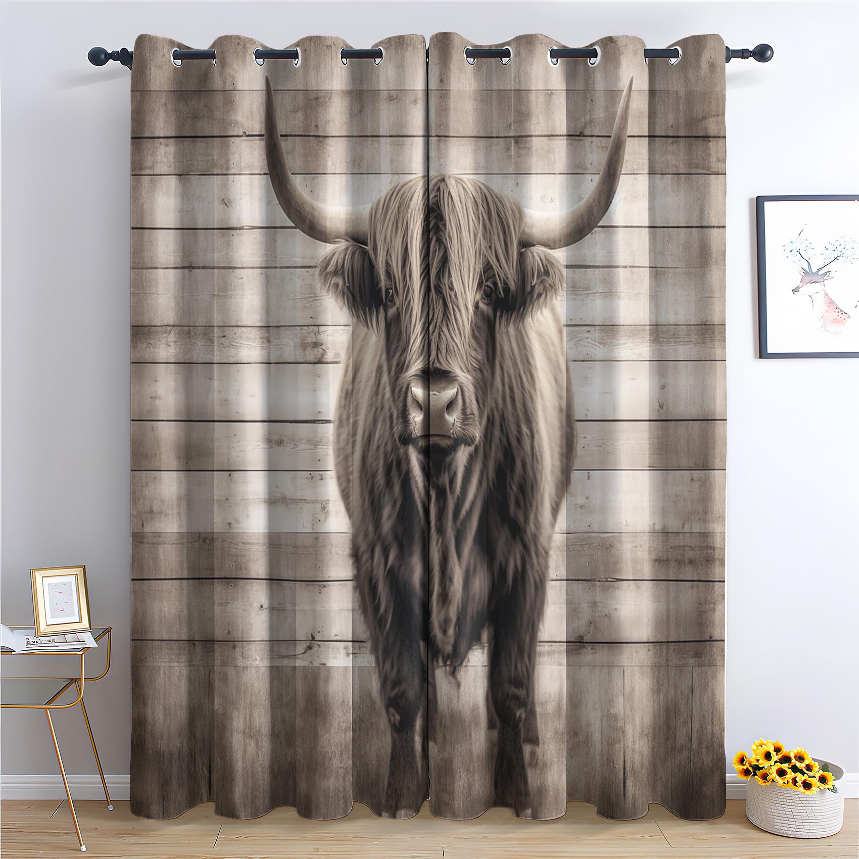 SZLYZM Highland Cow Blackout Curtains for Bedroom living Room, Wood Rustic Vintage Curtains 66x72, 72 Drop Curtains 2 Panels Set, Thermal Eyelet Drapes Decorative Patterned Window Treatments