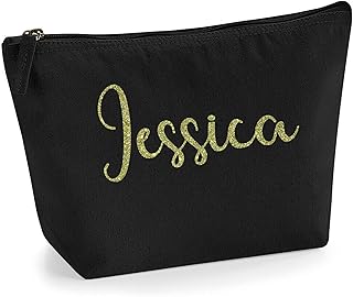 Personalized Name Initials Make Up Accessory Bag in Black Colour Glitter or Flock Texture Print - Gold Glitter - L Black