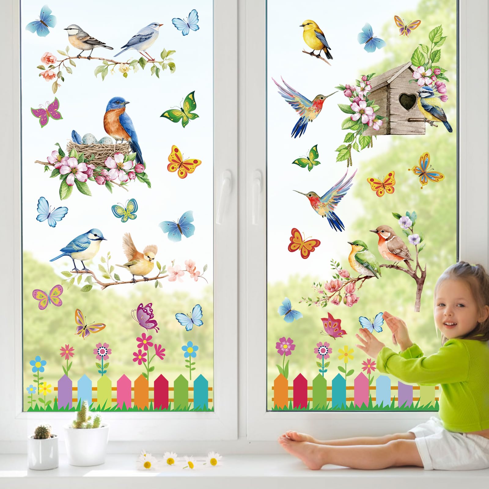 Stickers Fenêtre Printemps Réutilisables - 9PCS Papillons, Fleurs, Oiseaux - Electrostatiques - Décorations Vitres